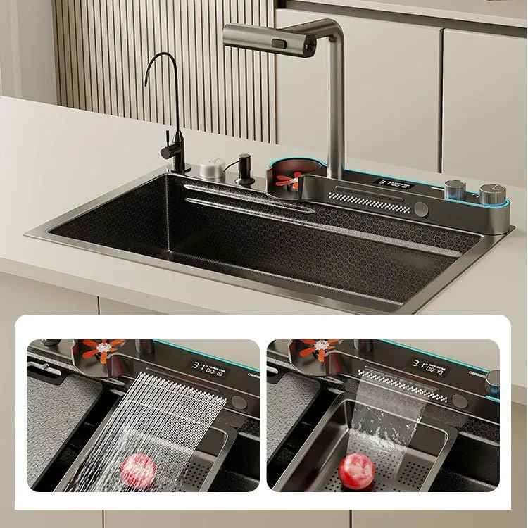 2024 75x45cm Integrated Waterfall Kitchen Sink Honeycomb Technology Large Digitial Display Stainless Steel Water Filter Cup Washer