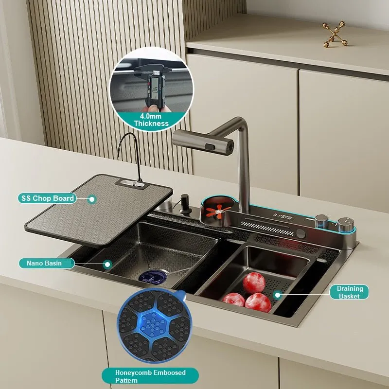 2024 75x45cm Integrated Waterfall Kitchen Sink Honeycomb Technology Large Digitial Display Stainless Steel Water Filter Cup Washer