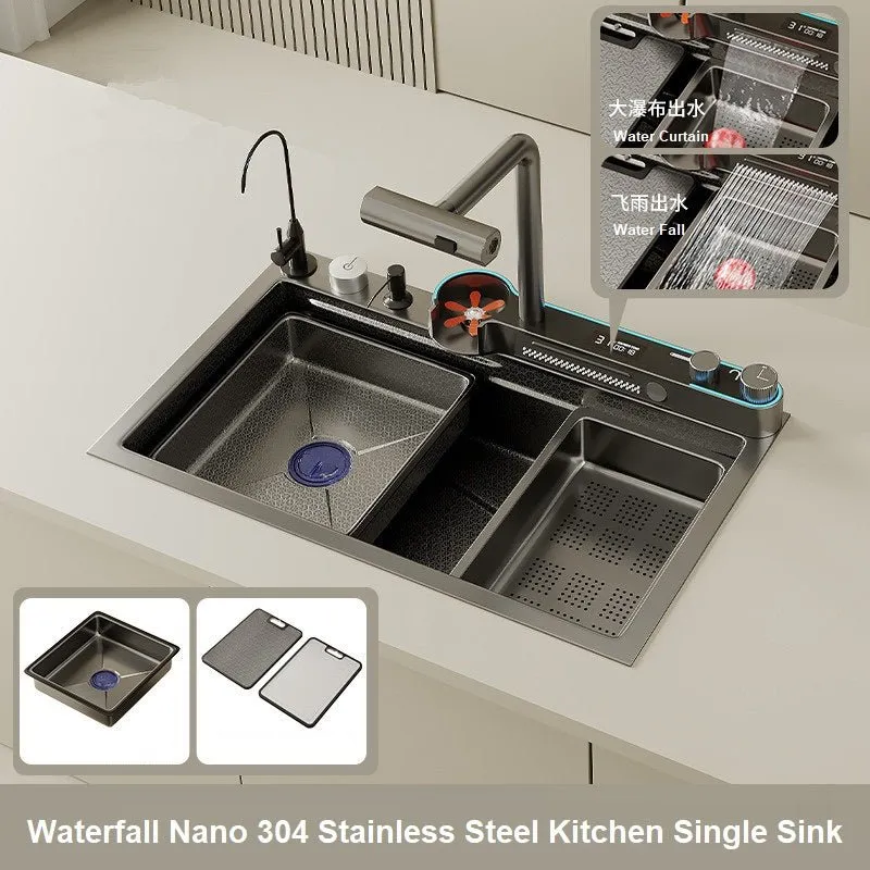 2024 75x45cm Integrated Waterfall Kitchen Sink Honeycomb Technology Large Digitial Display Stainless Steel Water Filter Cup Washer