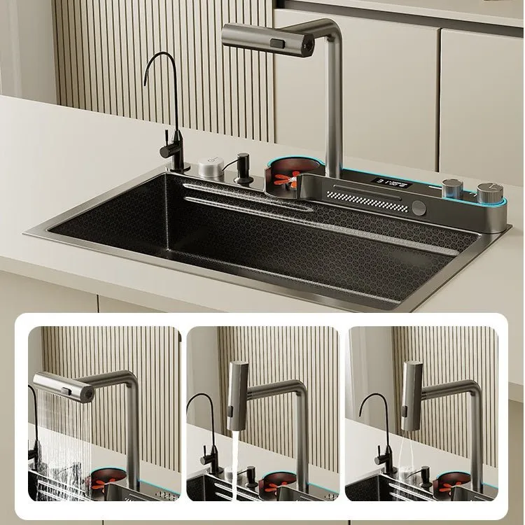 2024 75x45cm Integrated Waterfall Kitchen Sink Honeycomb Technology Large Digitial Display Stainless Steel Water Filter Cup Washer