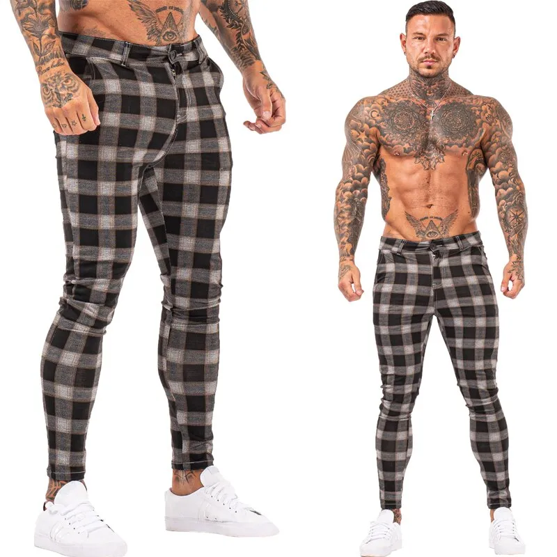 7398 Plaid Pattern Skinny Fit Chinos