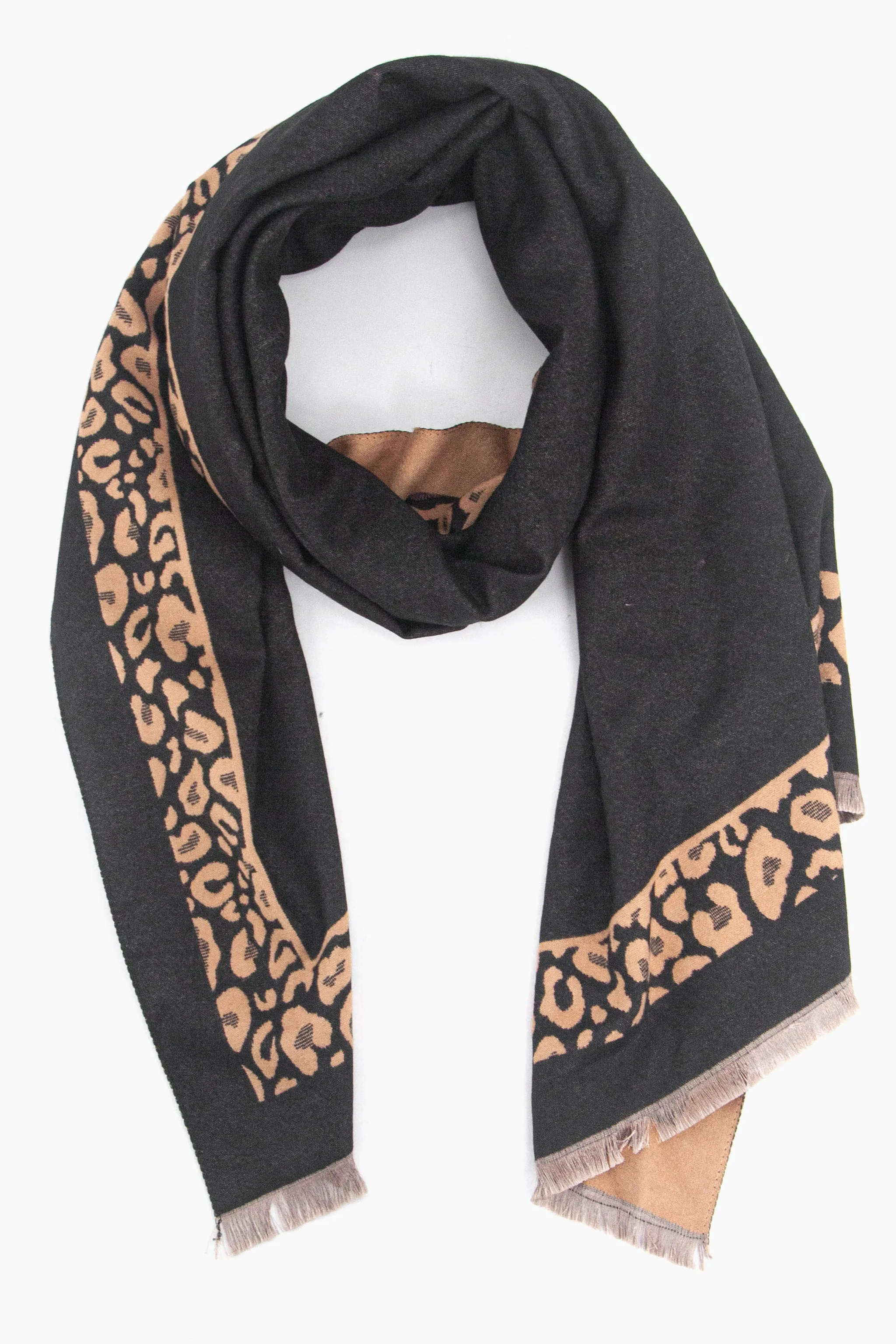 Aga Heavyweight Scarf - Black/Camel, Leopard Border