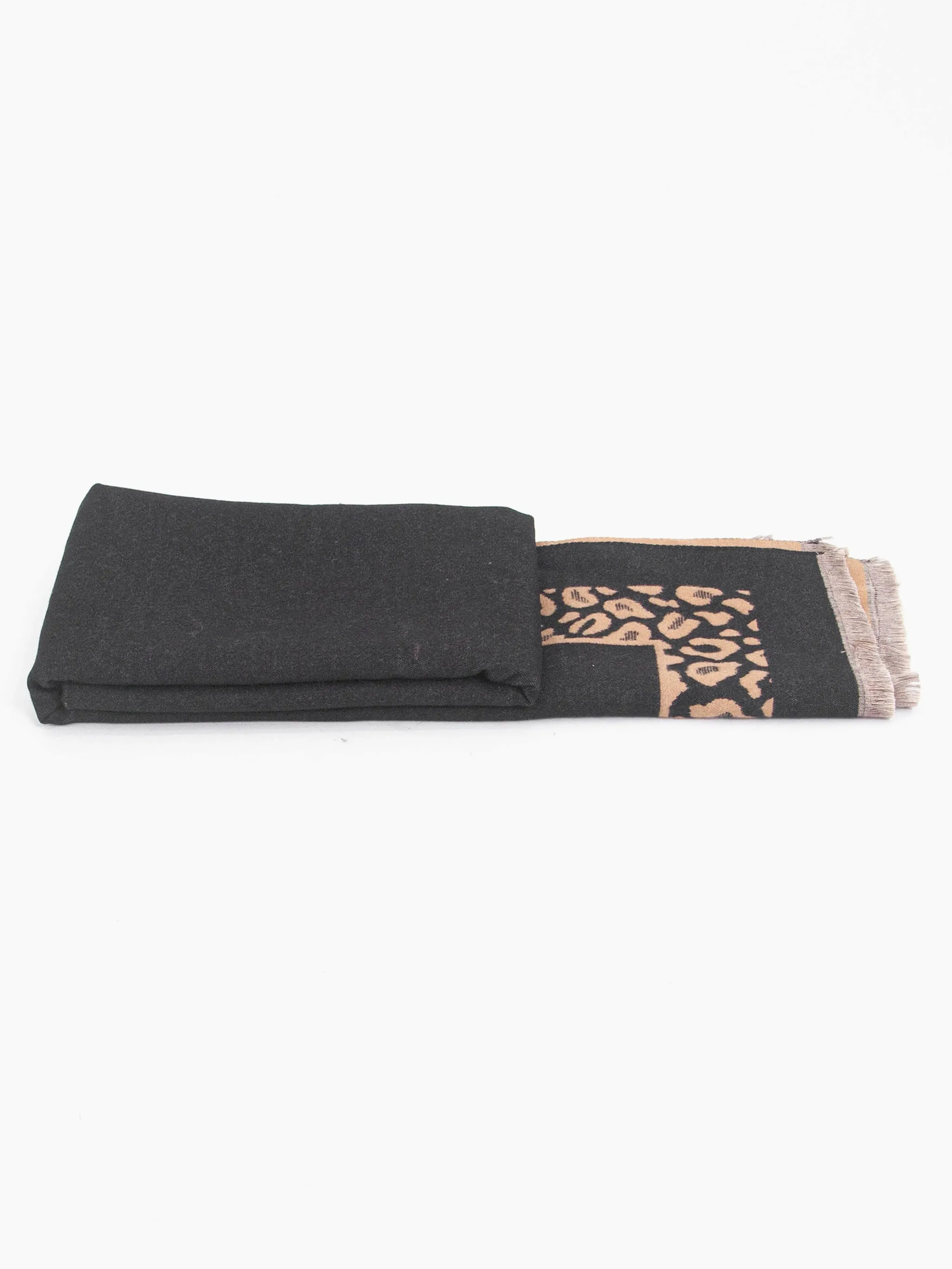 Aga Heavyweight Scarf - Black/Camel, Leopard Border