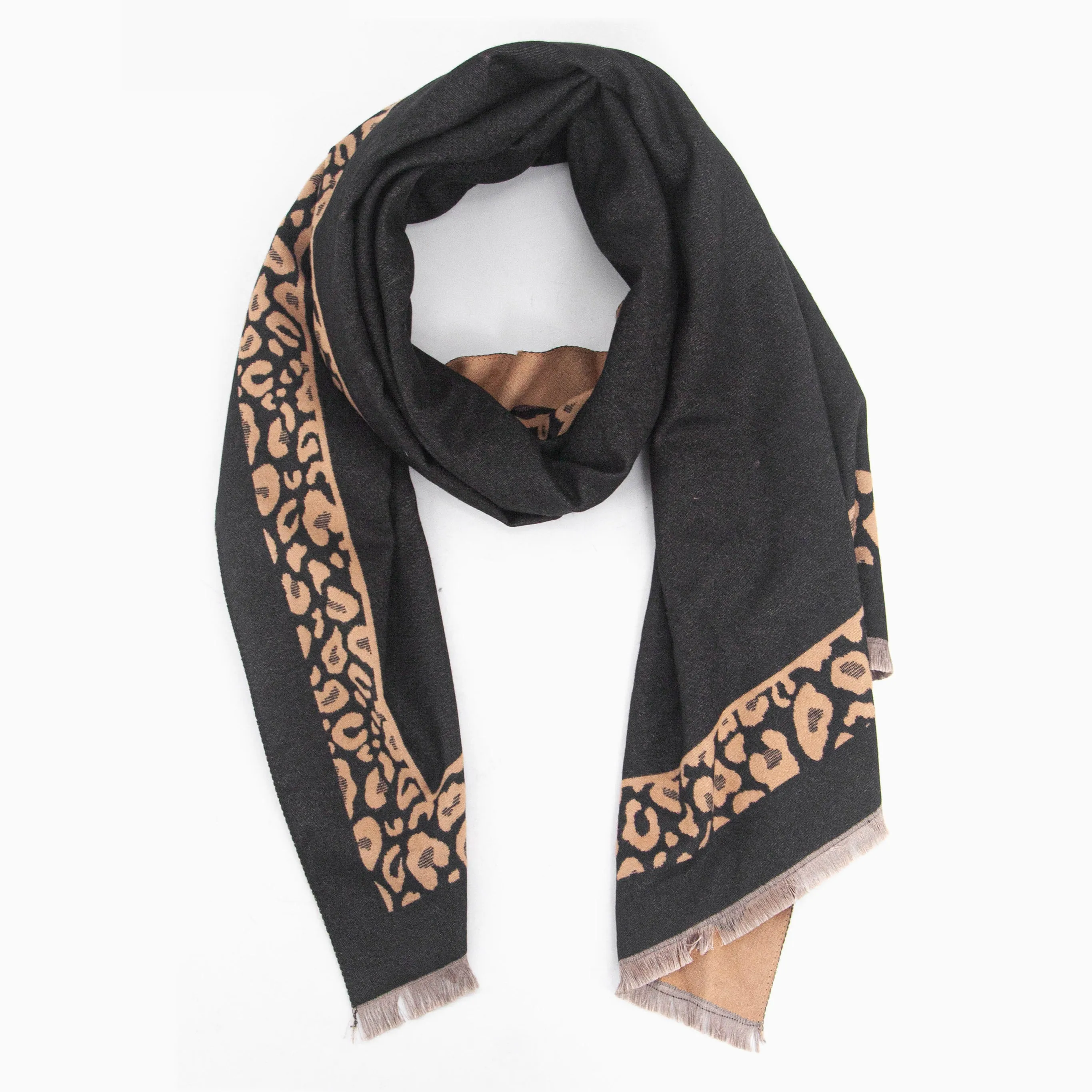 Aga Heavyweight Scarf - Black/Camel, Leopard Border
