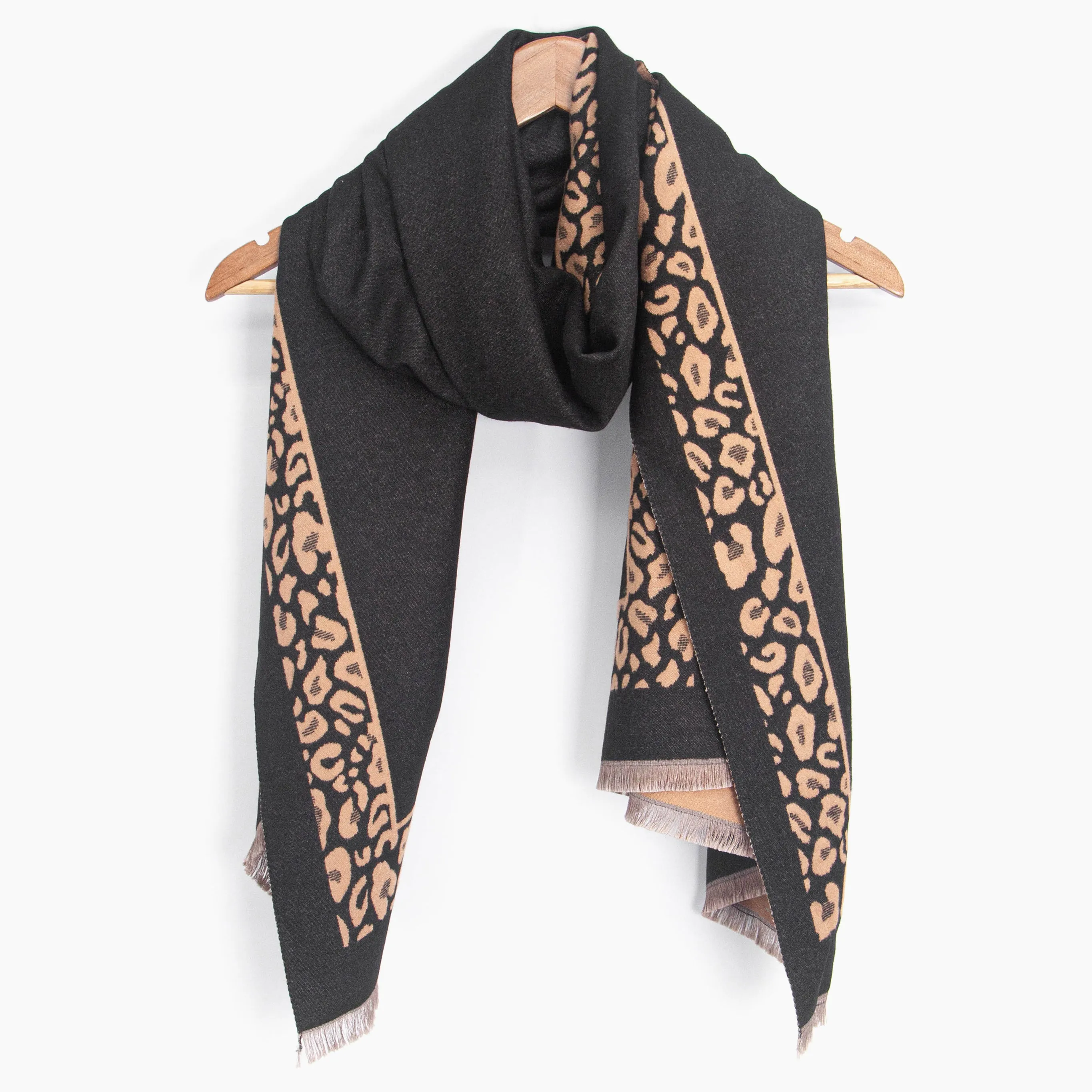Aga Heavyweight Scarf - Black/Camel, Leopard Border