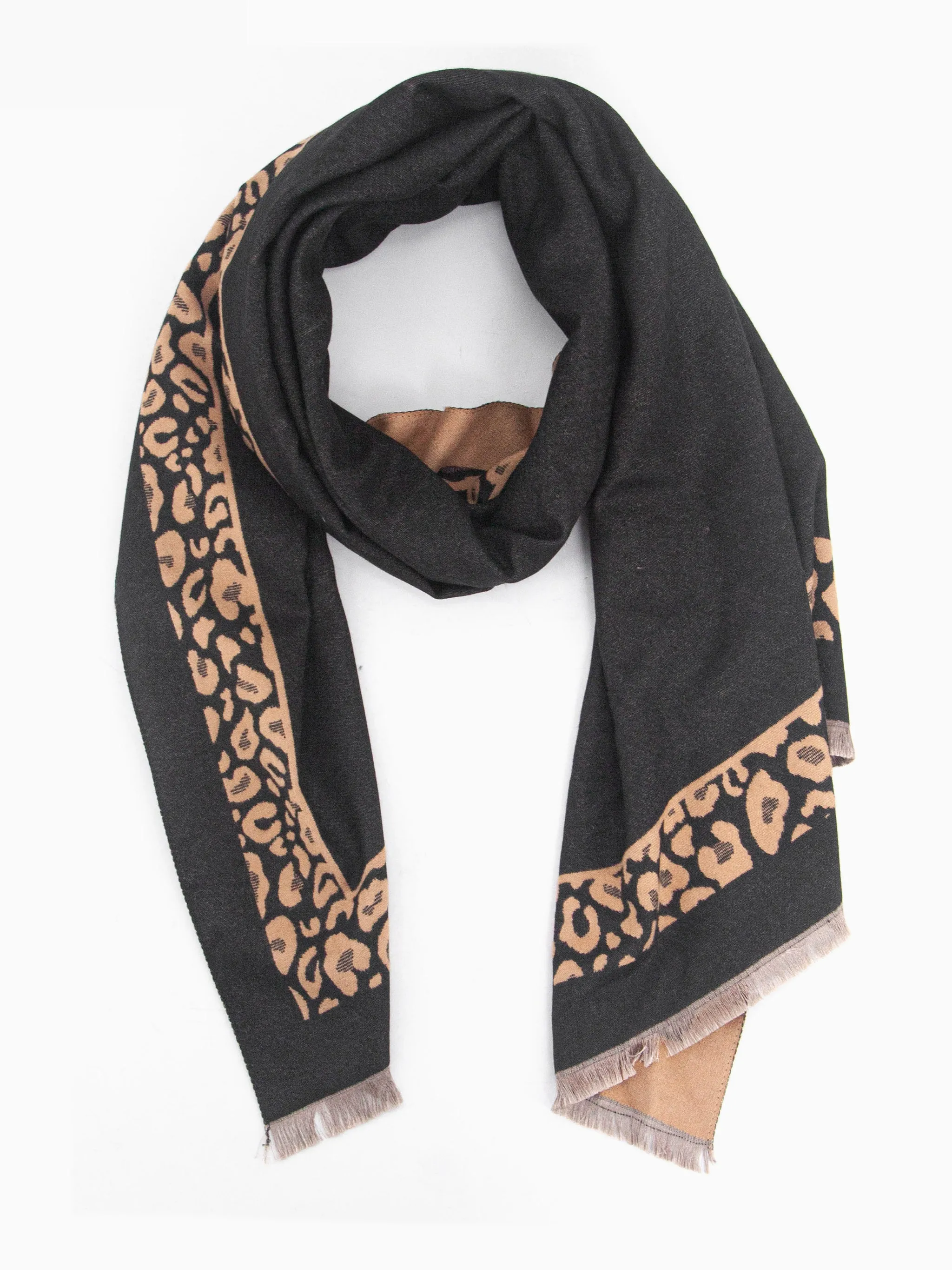 Aga Heavyweight Scarf - Black/Camel, Leopard Border