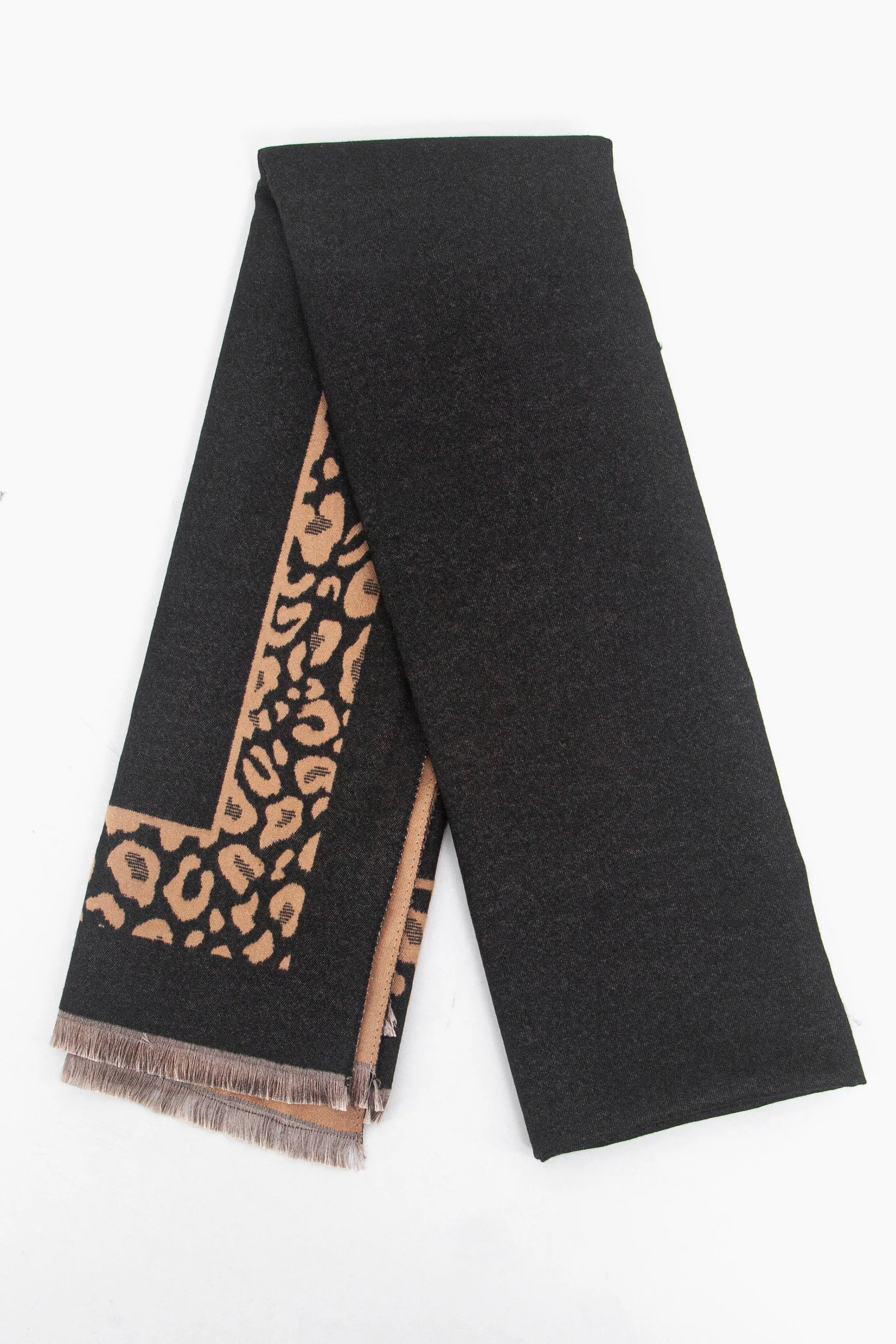 Aga Heavyweight Scarf - Black/Camel, Leopard Border