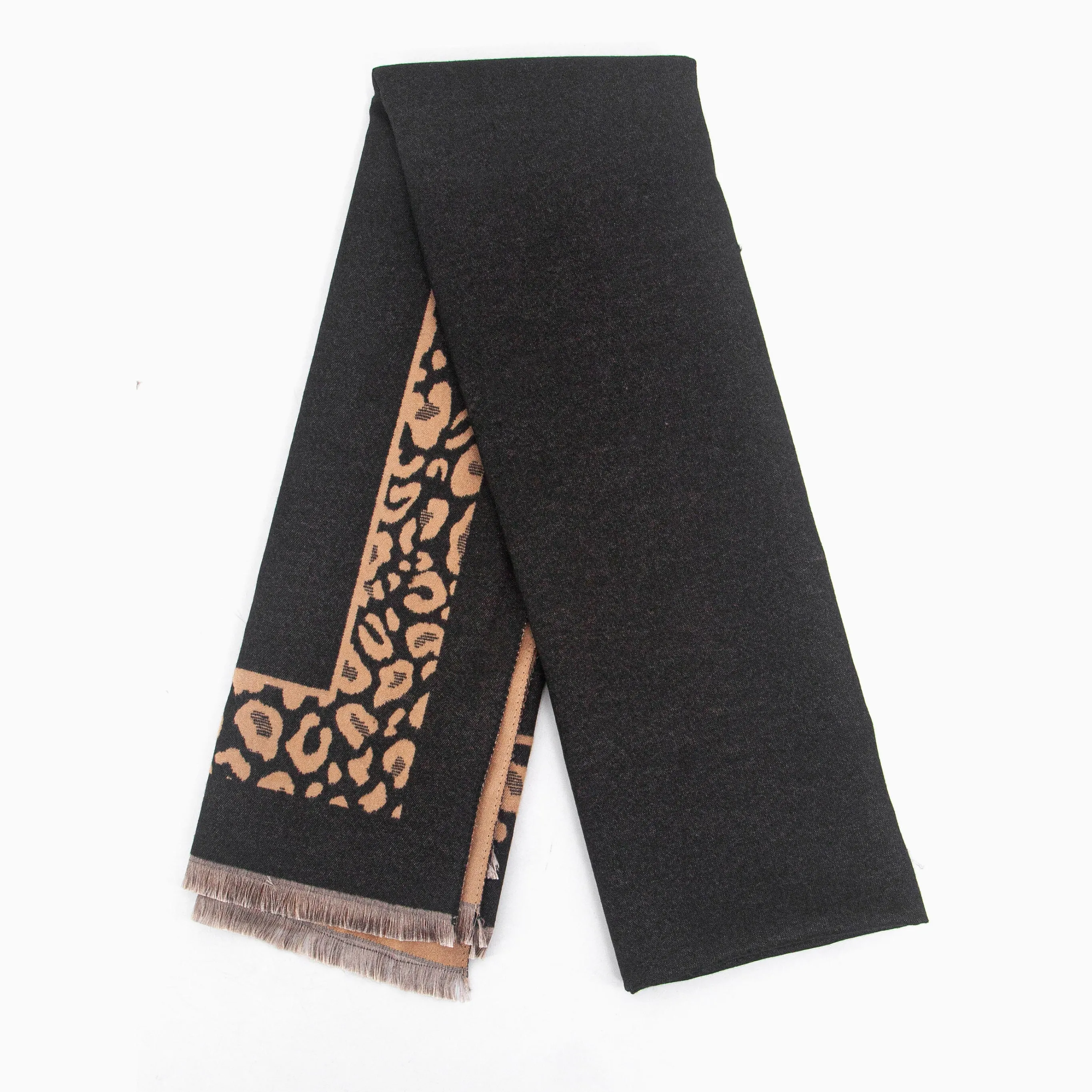 Aga Heavyweight Scarf - Black/Camel, Leopard Border