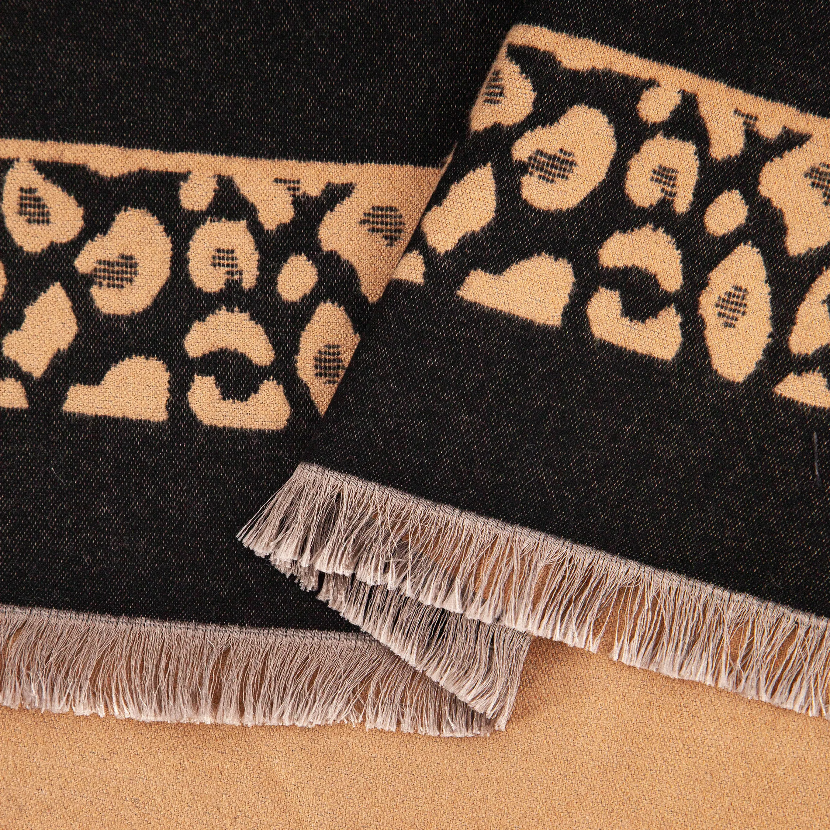 Aga Heavyweight Scarf - Black/Camel, Leopard Border