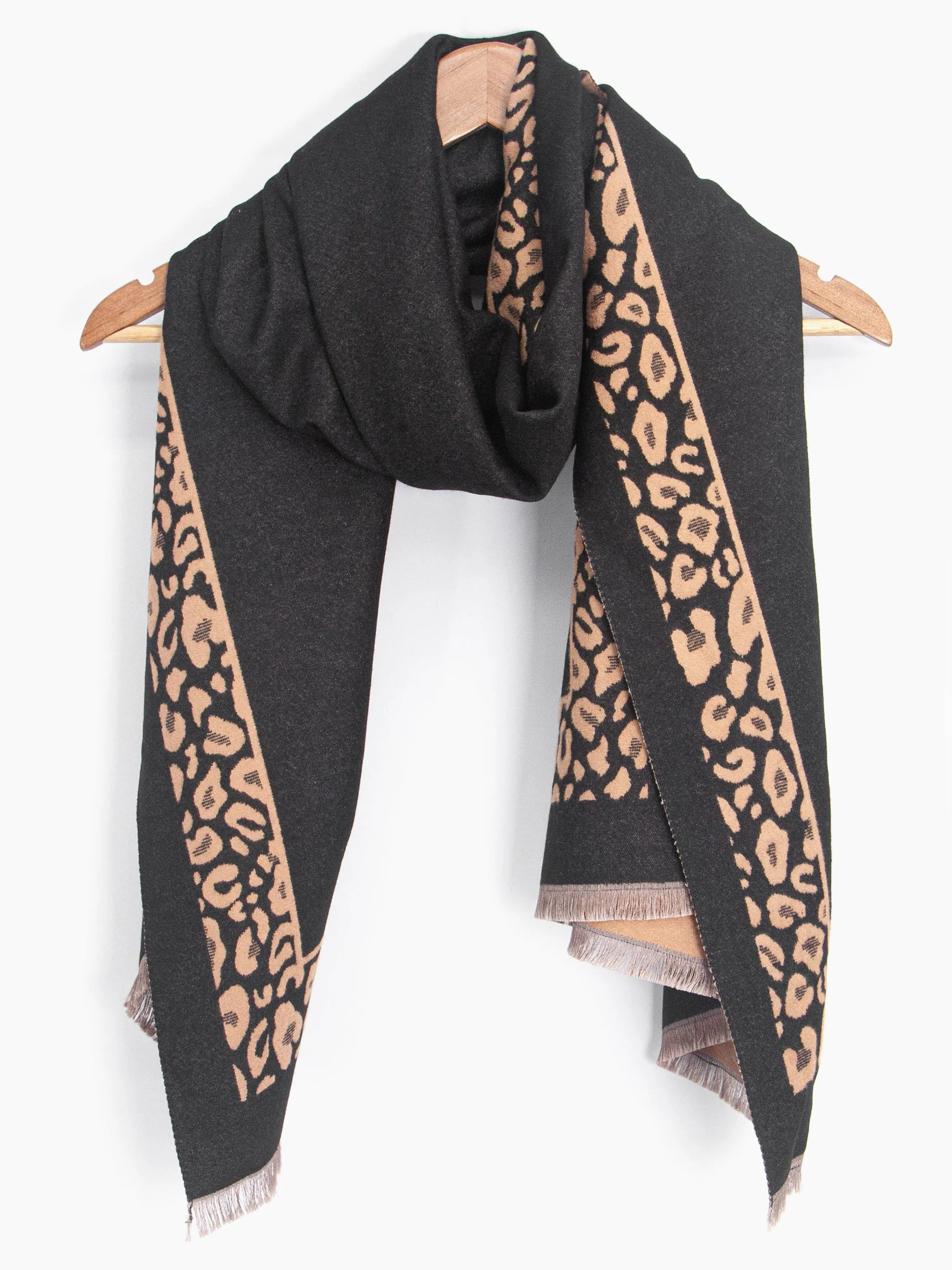 Aga Heavyweight Scarf - Black/Camel, Leopard Border