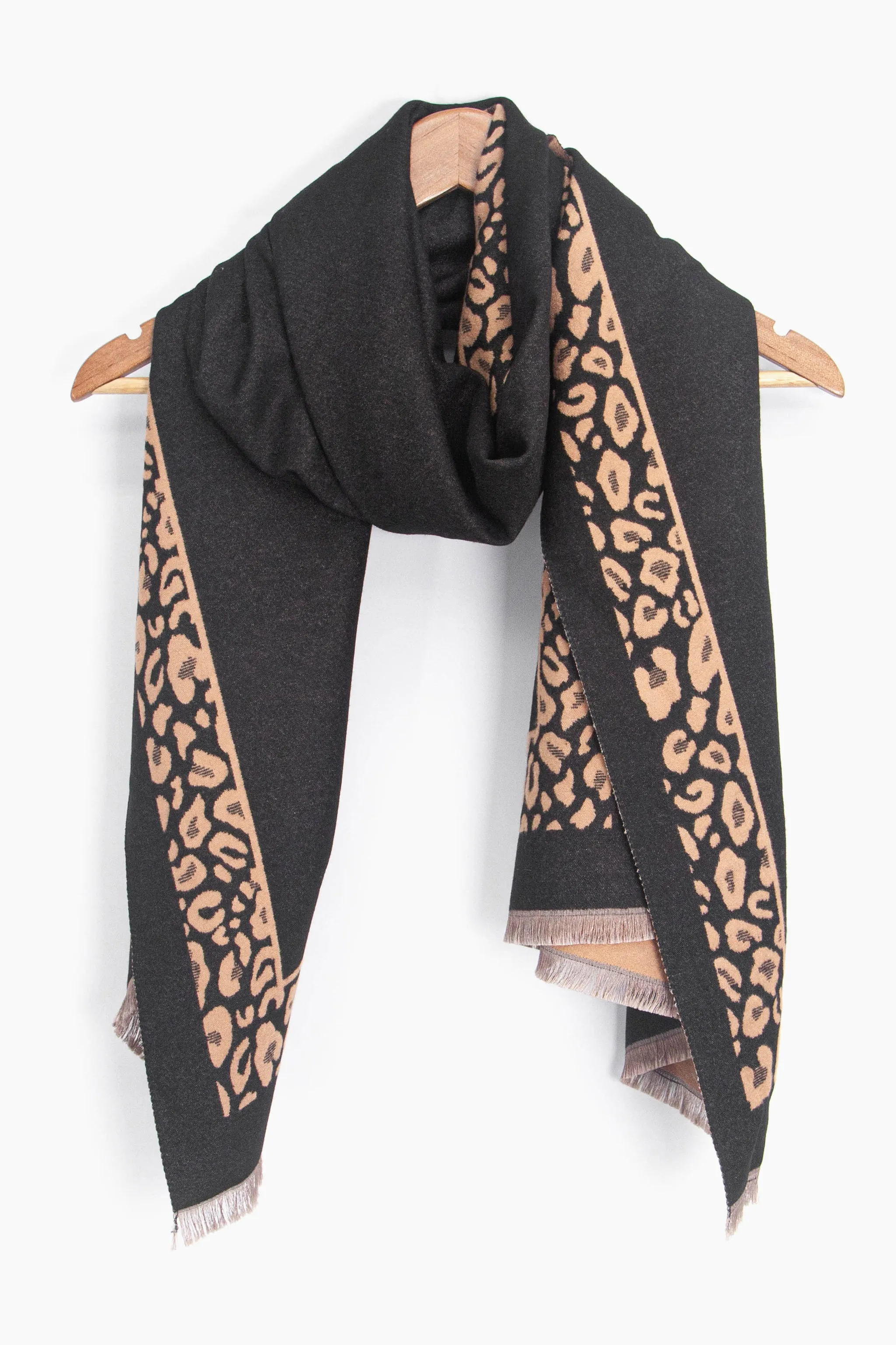 Aga Heavyweight Scarf - Black/Camel, Leopard Border