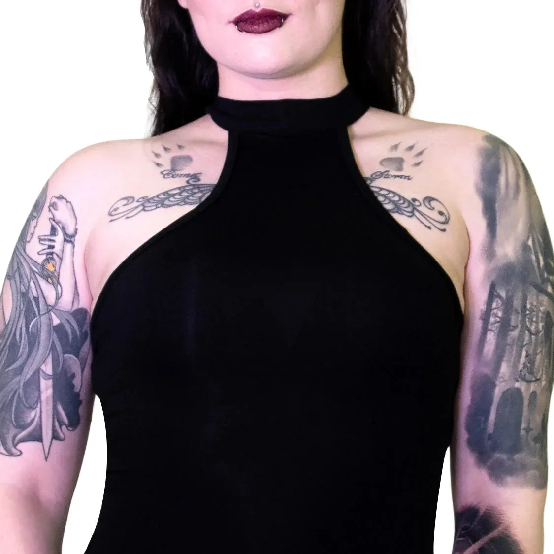 Beguiling Choker Bodycon Black Midi Dress - Londyn