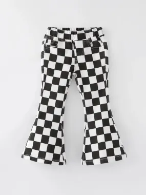 Black and White Check Print Flared Jeans w/ Elastic Waistband