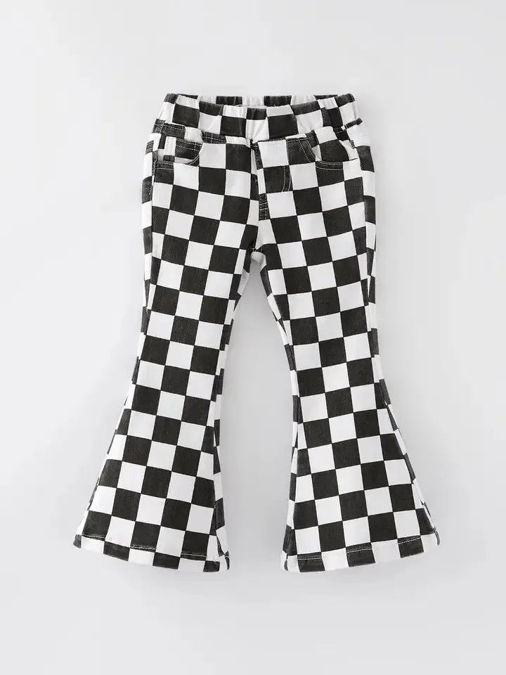 Black and White Check Print Flared Jeans w/ Elastic Waistband