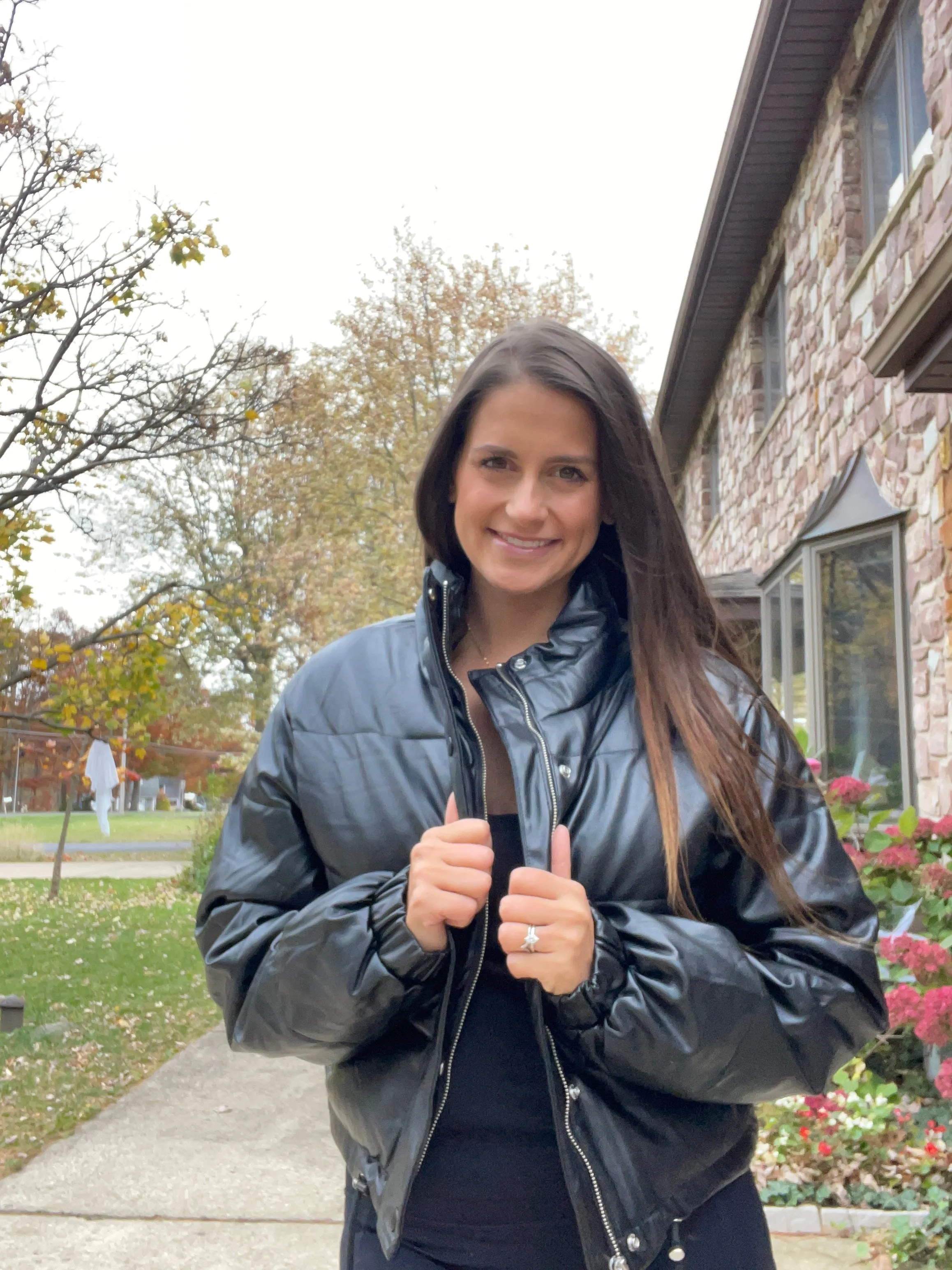 Black Faux Leather Puffer Jacket