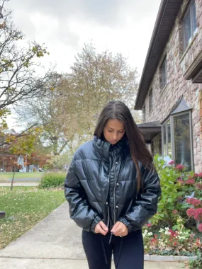 Black Faux Leather Puffer Jacket