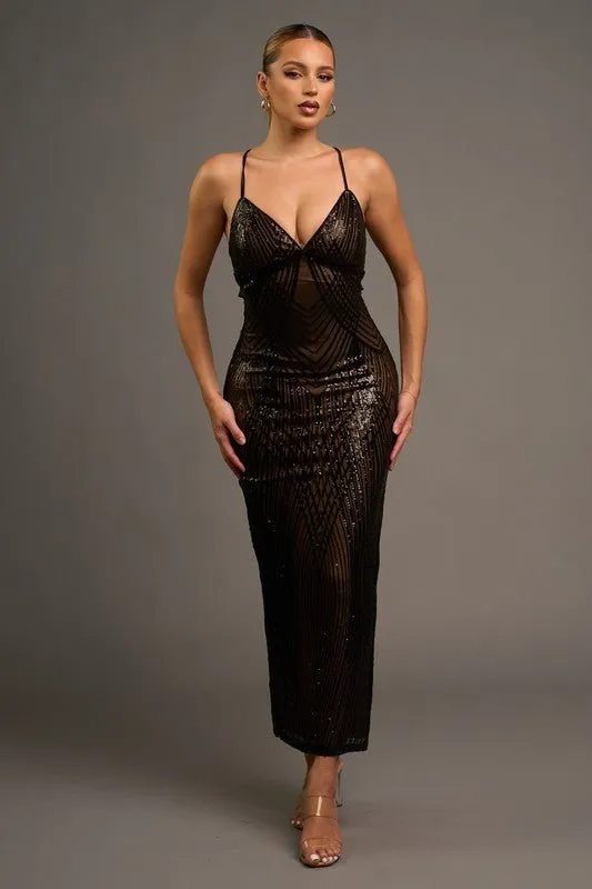 Black Luxe Sequins Mesh Drawstring Bodycon Maxi Dress
