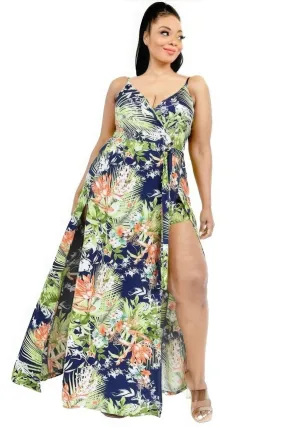 Blue Zone Planet |  Plus Tropical Leaf Print Surplice Maxi Dress