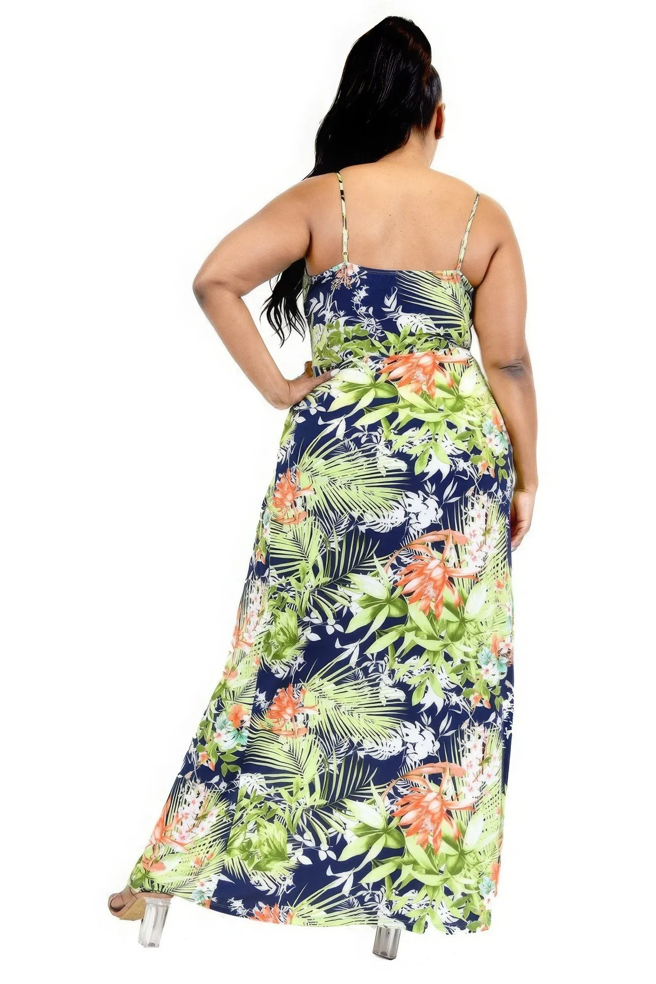 Blue Zone Planet |  Plus Tropical Leaf Print Surplice Maxi Dress