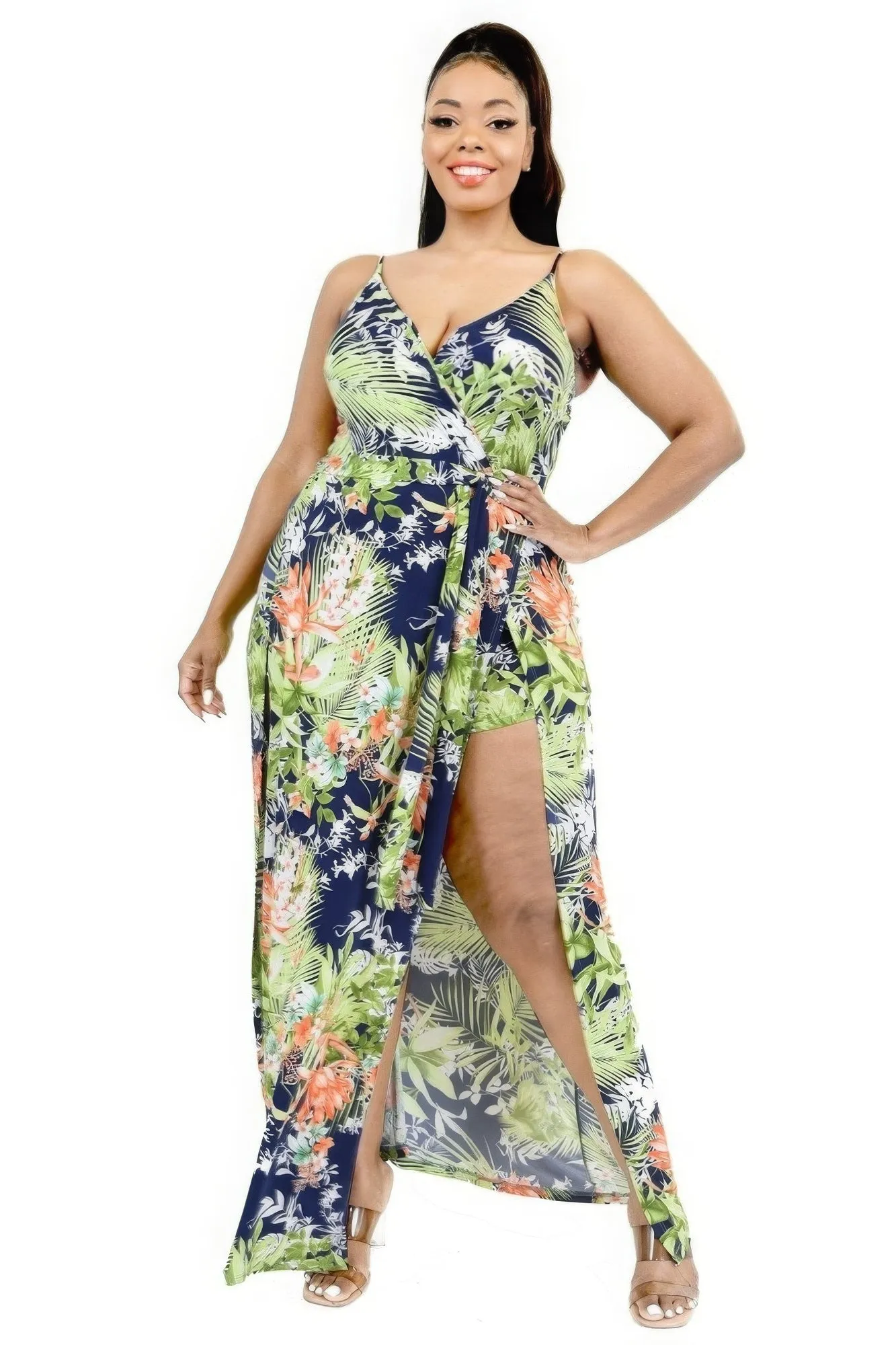 Blue Zone Planet |  Plus Tropical Leaf Print Surplice Maxi Dress