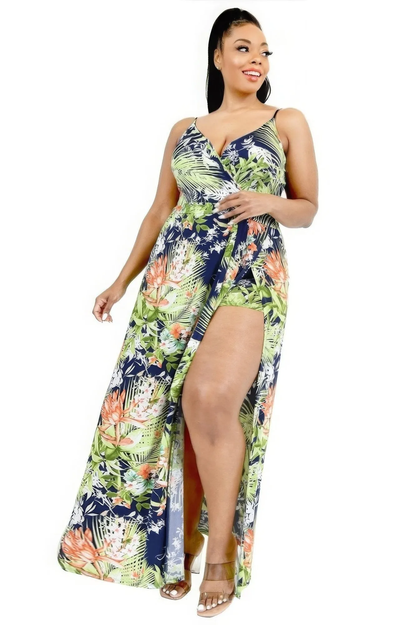 Blue Zone Planet |  Plus Tropical Leaf Print Surplice Maxi Dress