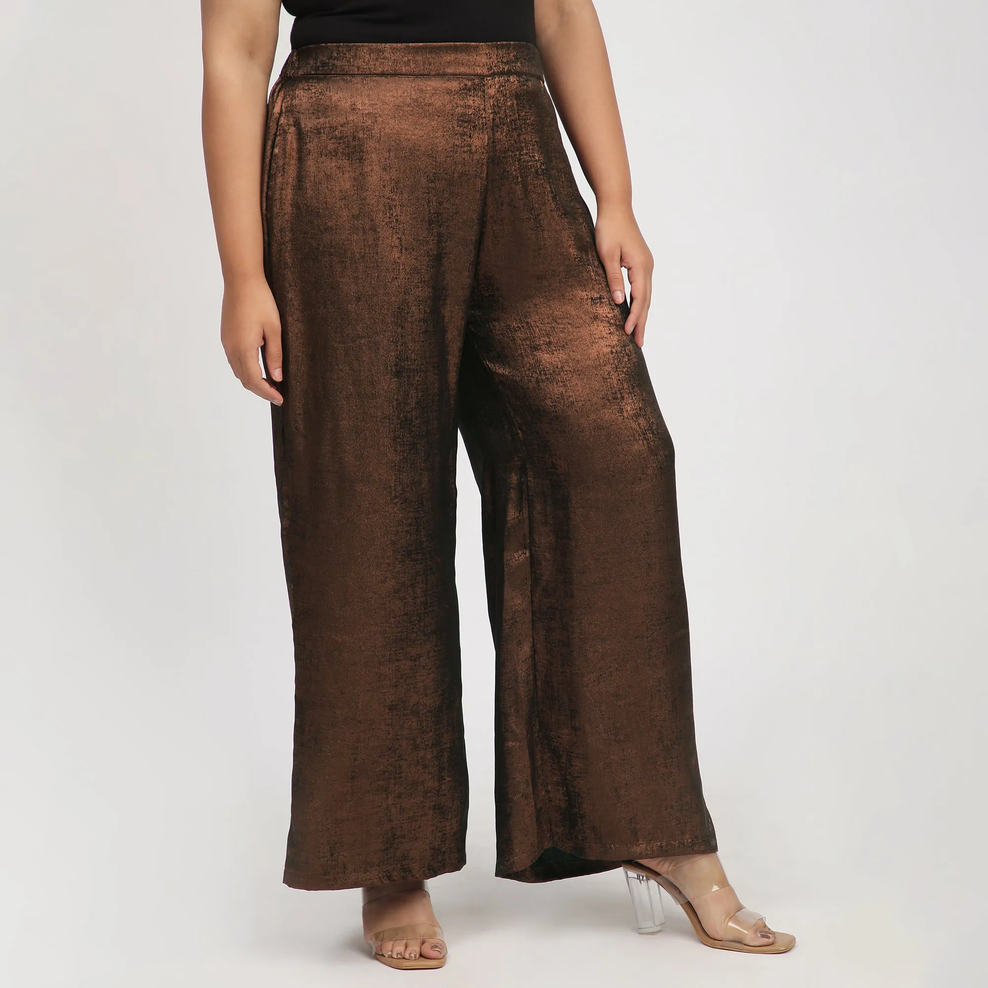 Bronze Foil Plus-Size Flared Party Pants