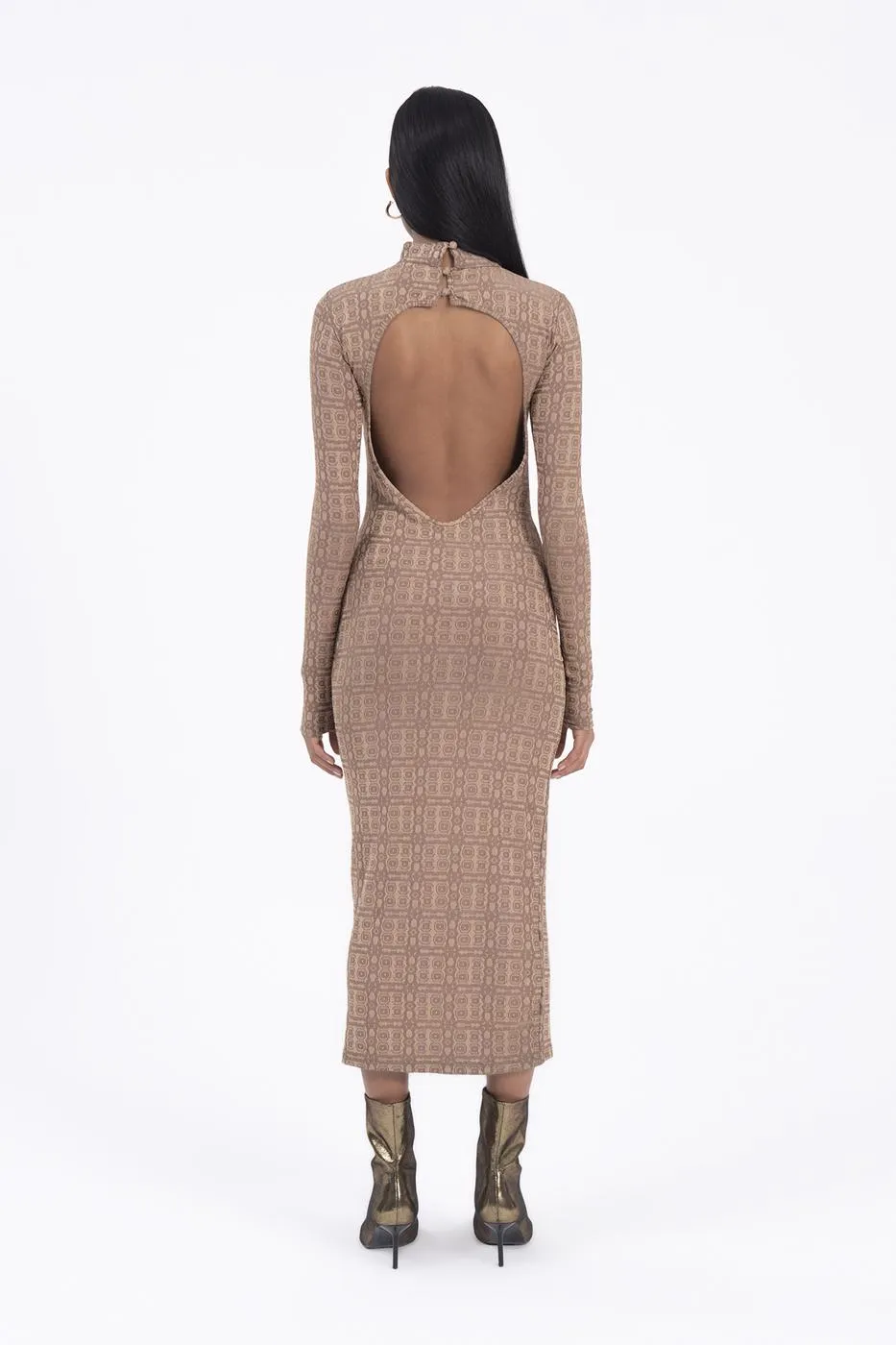 Brown Backless Midi Pencil Dress
