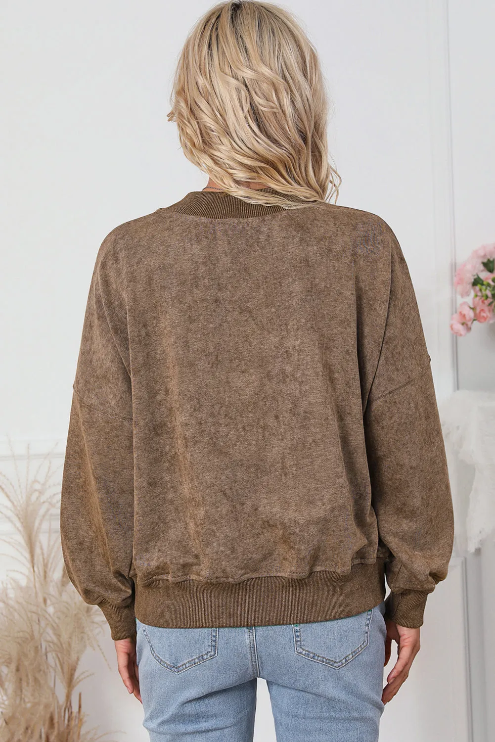 Cali Chic Women Brown Drop Shoulder Crew Neck Pullover Sweatshirt