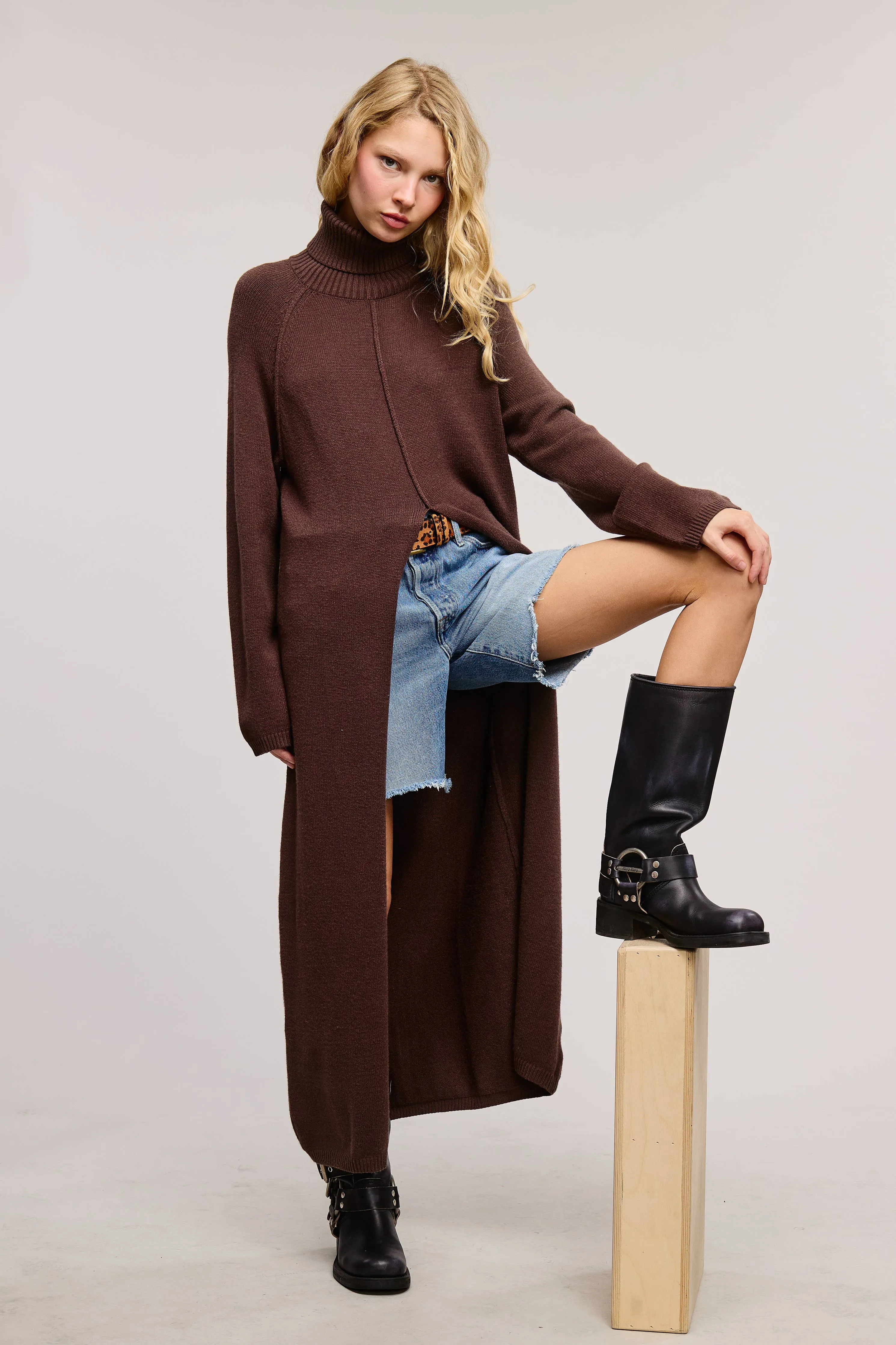 Carrie Split Front Tunic Sweater // Brown