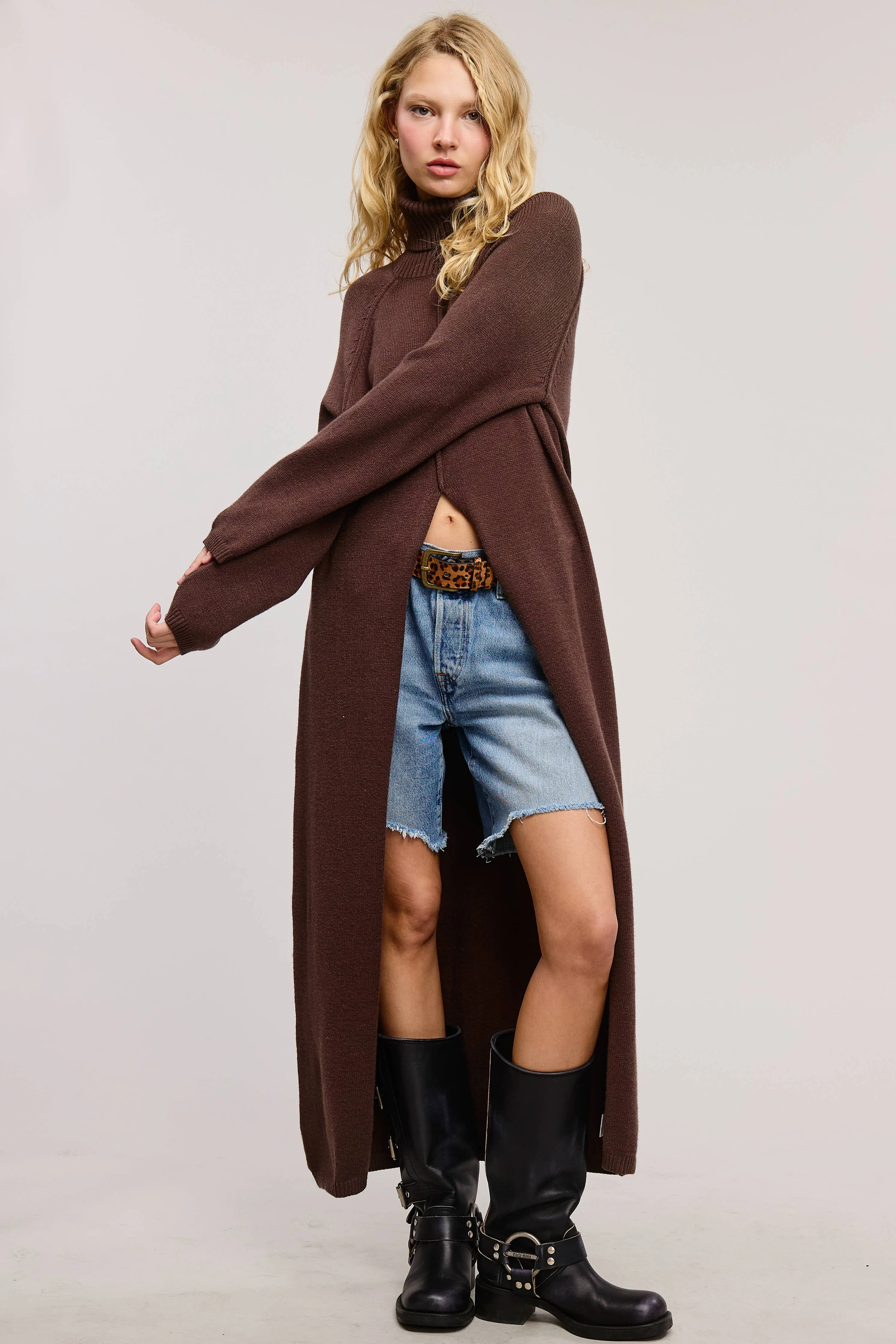 Carrie Split Front Tunic Sweater // Brown
