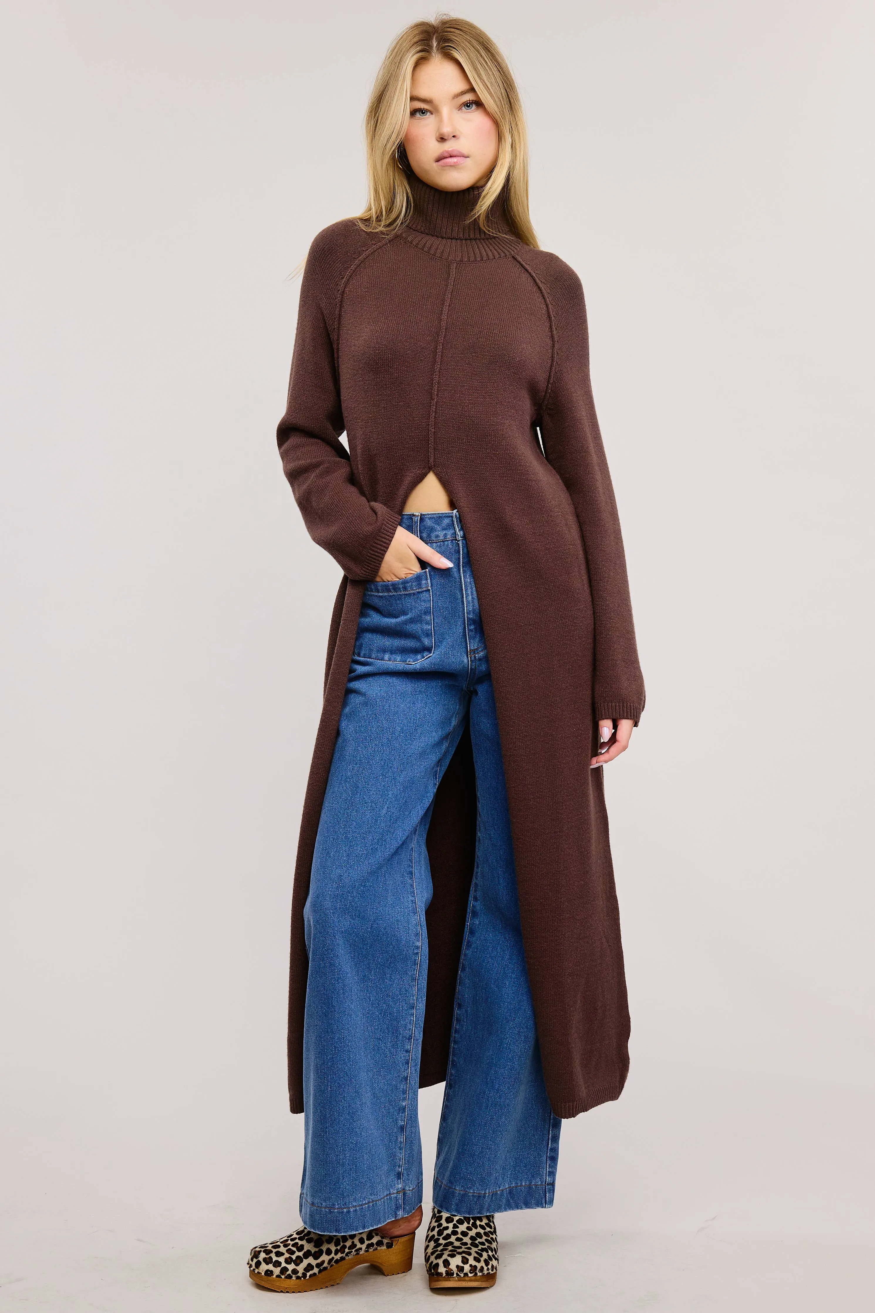 Carrie Split Front Tunic Sweater // Brown