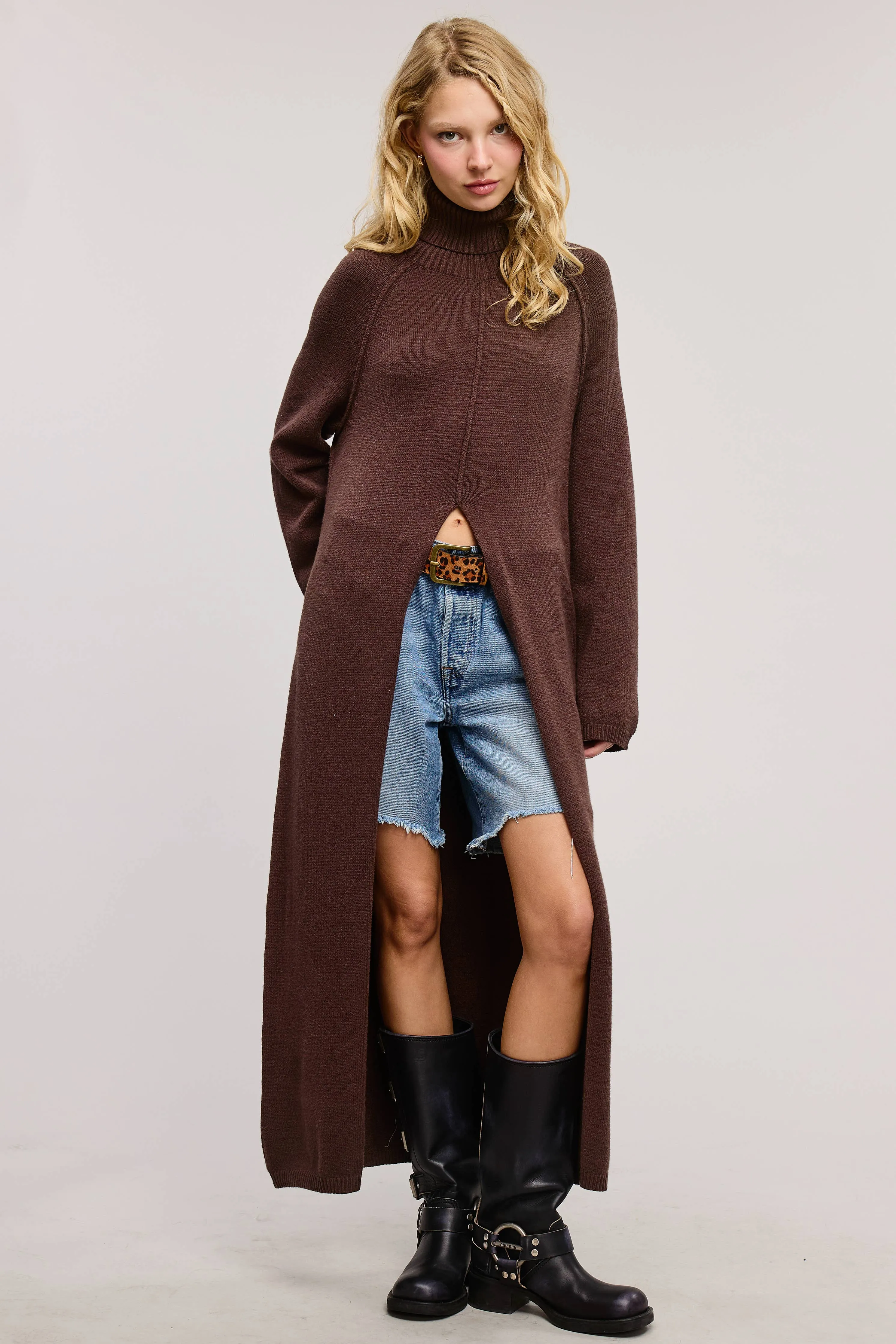 Carrie Split Front Tunic Sweater // Brown