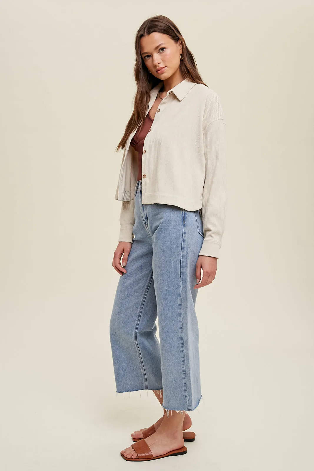 Chandler Crop Corduroy Button Down - Oatmeal