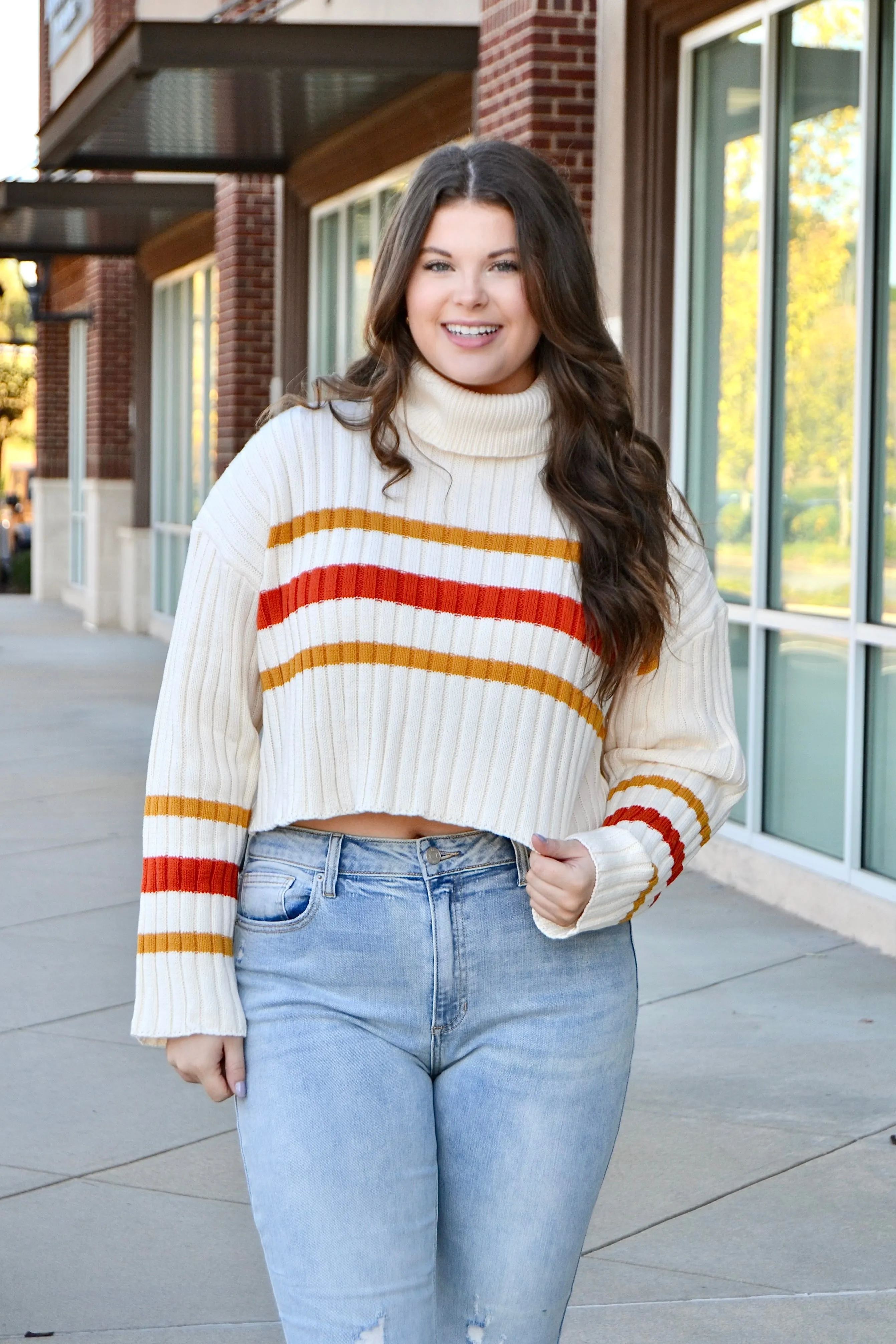 Cream multi stripe turtleneck sweater