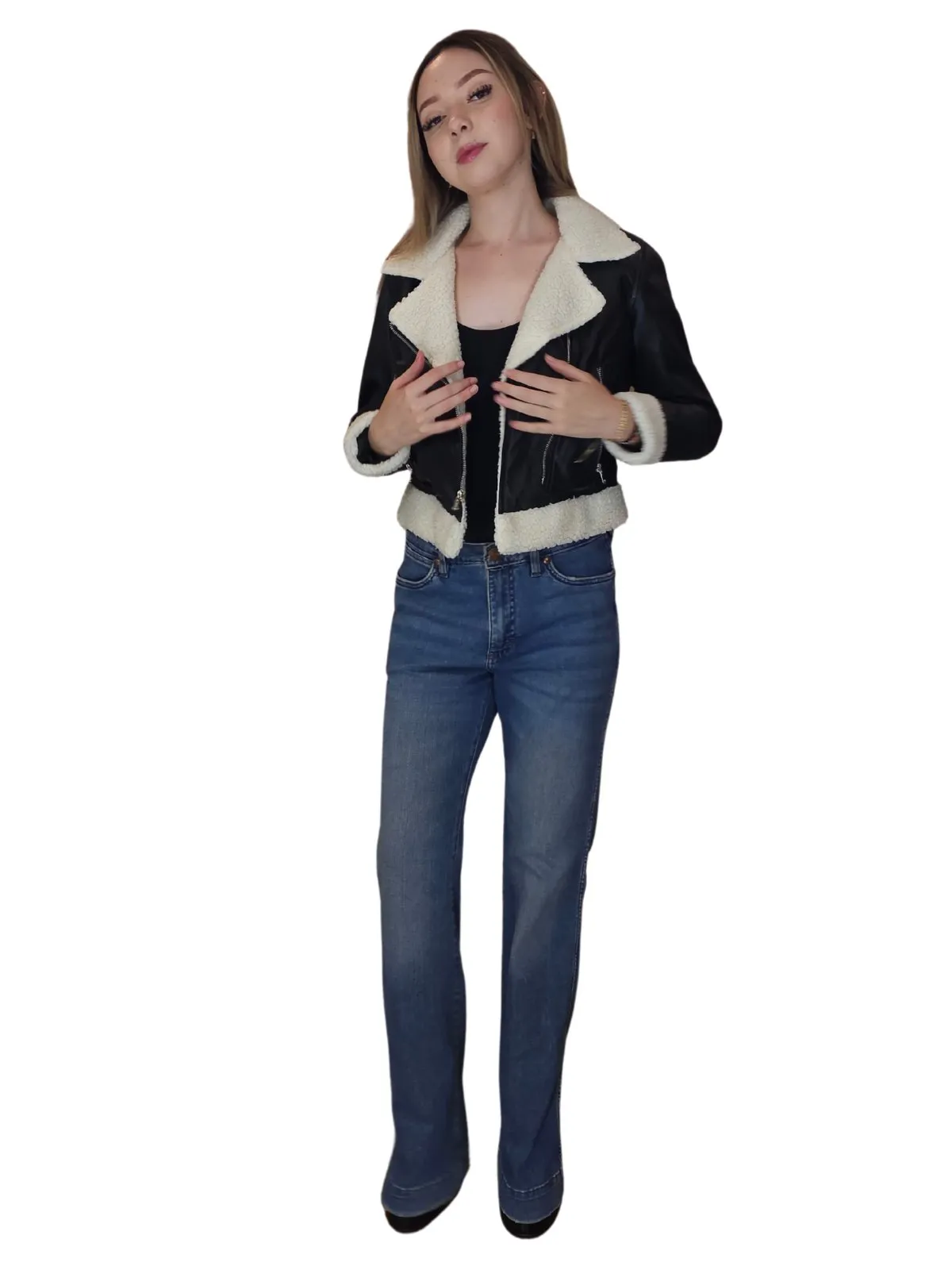 Cropped Leather Jacket with Faux Shearling