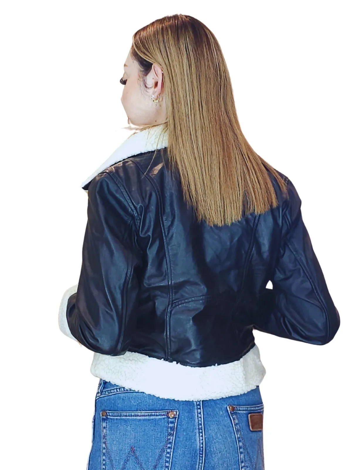 Cropped Leather Jacket with Faux Shearling