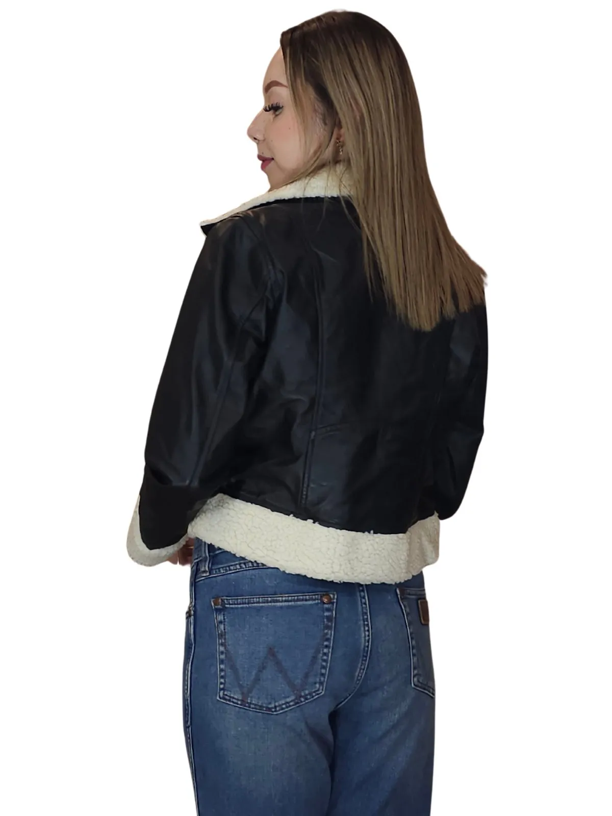 Cropped Leather Jacket with Faux Shearling