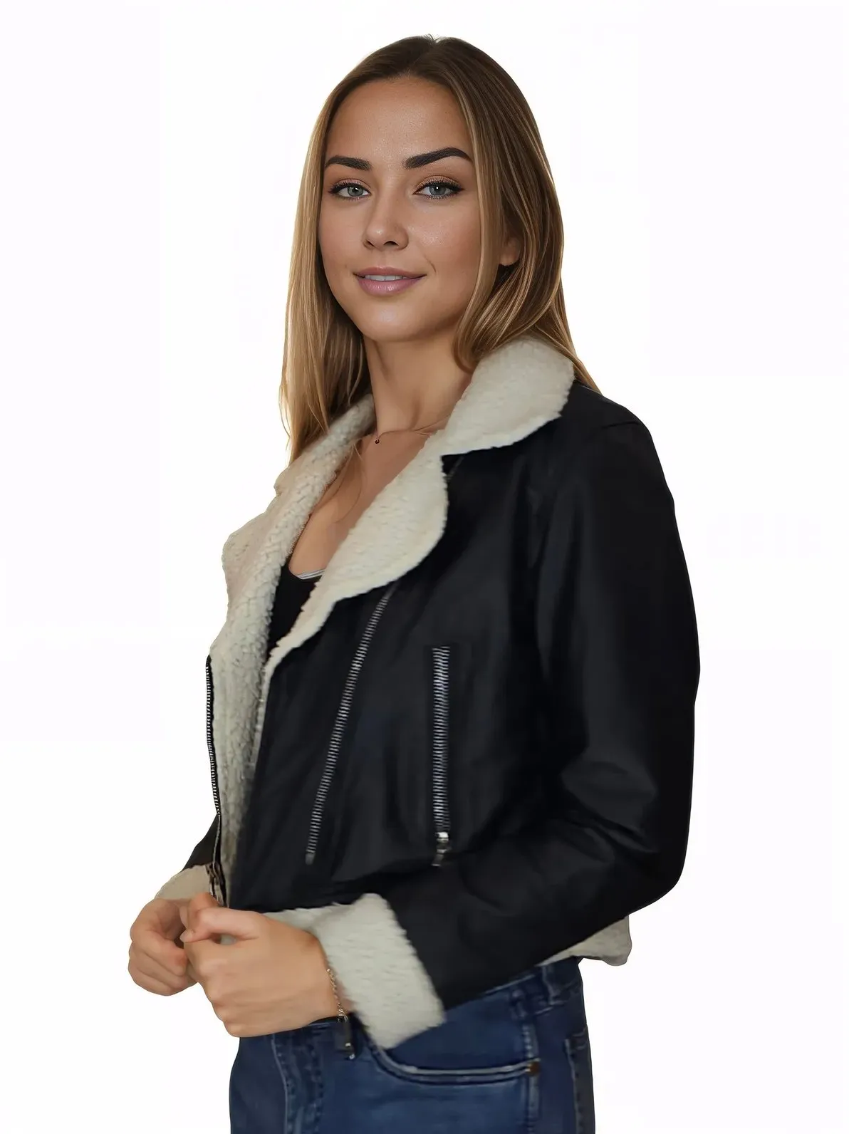 Cropped Leather Jacket with Faux Shearling