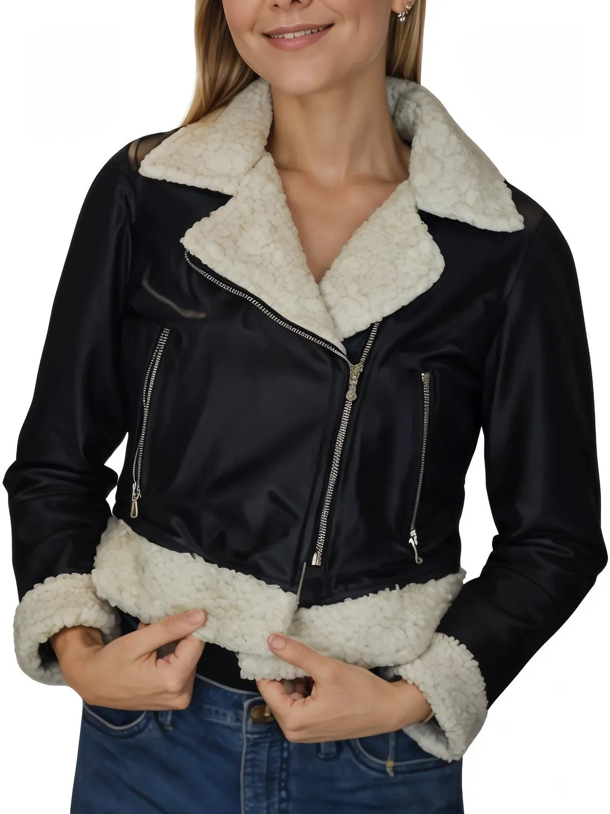 Cropped Leather Jacket with Faux Shearling