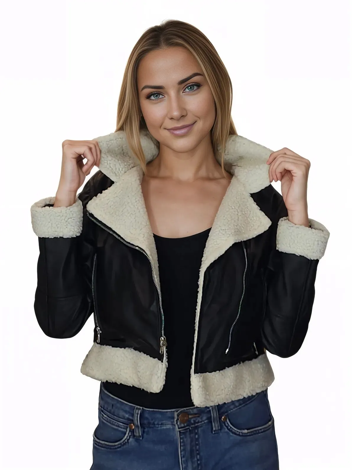 Cropped Leather Jacket with Faux Shearling