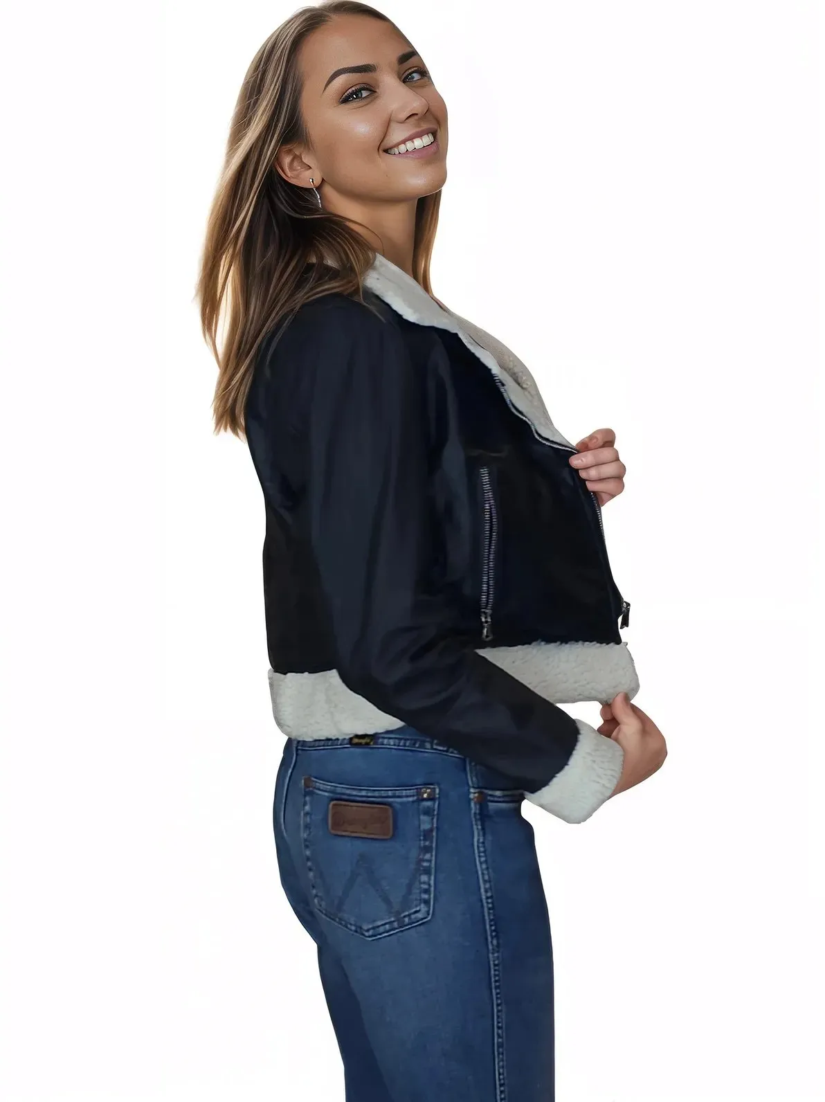 Cropped Leather Jacket with Faux Shearling