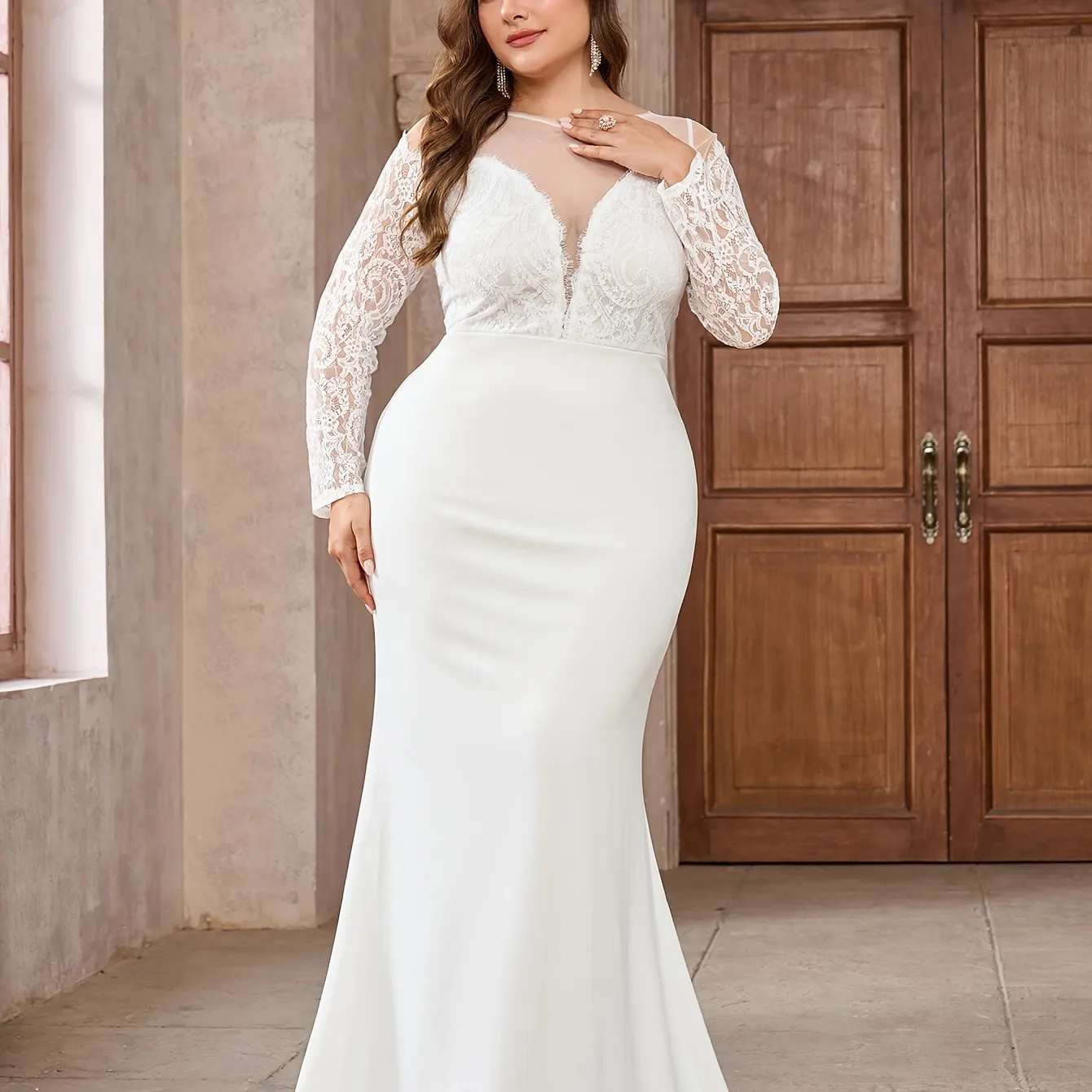 Elegant Lace Sleeves Plus Size Bridal Gown