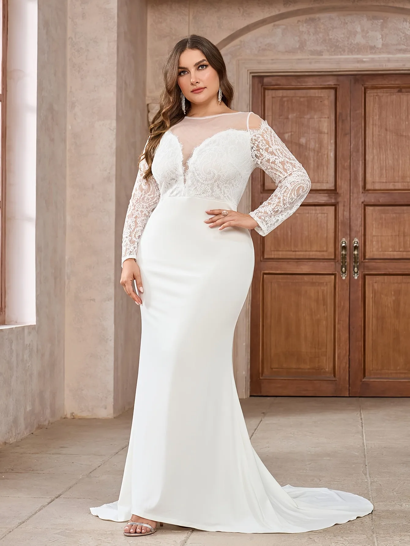 Elegant Lace Sleeves Plus Size Bridal Gown