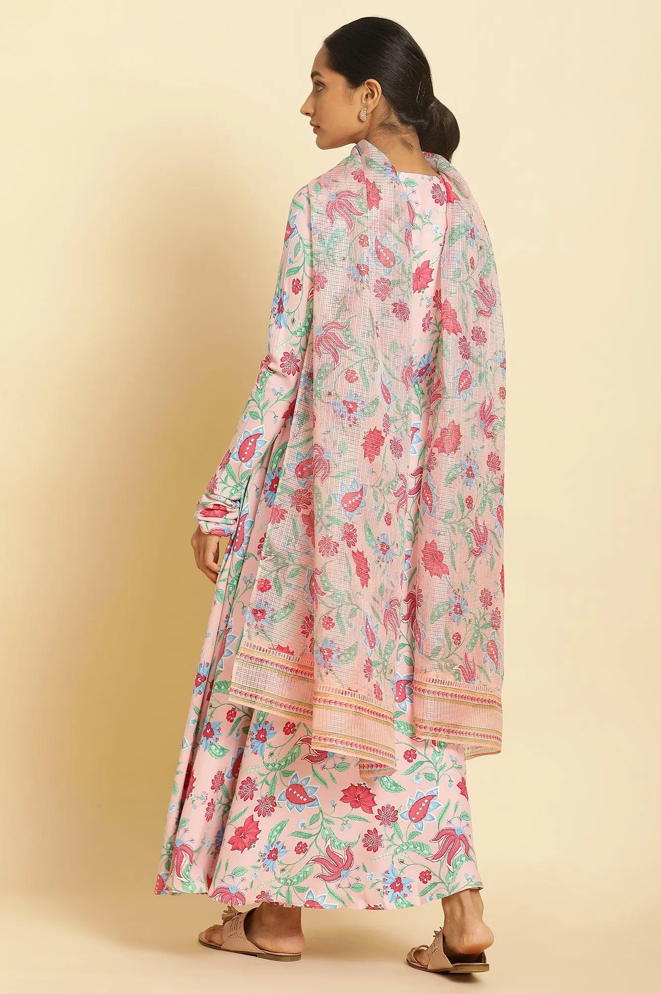 Flamingo Pink Floral Printed Anarkali Kurta, Pants And Dupatta Set