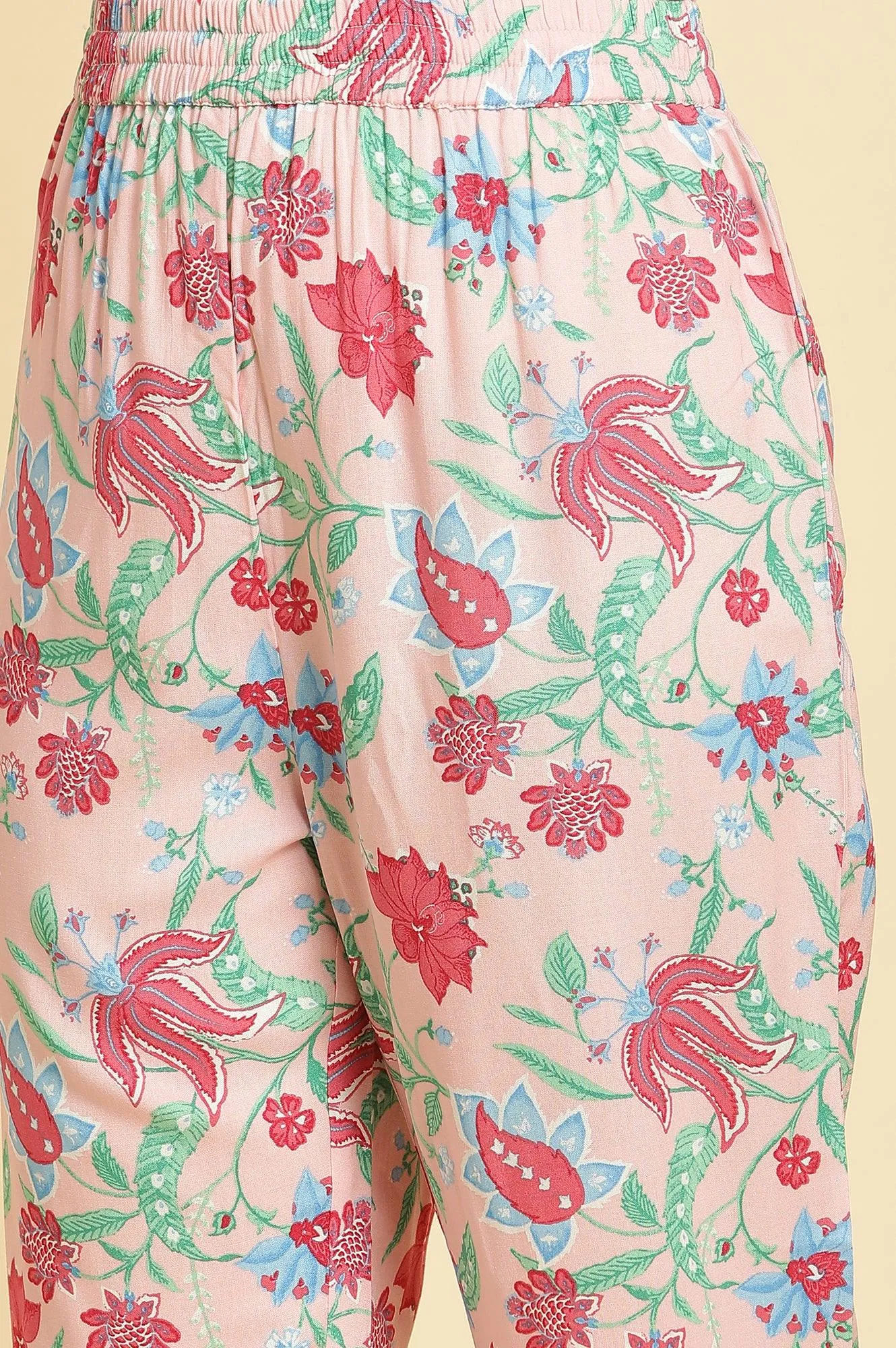 Flamingo Pink Floral Printed Anarkali Kurta, Pants And Dupatta Set