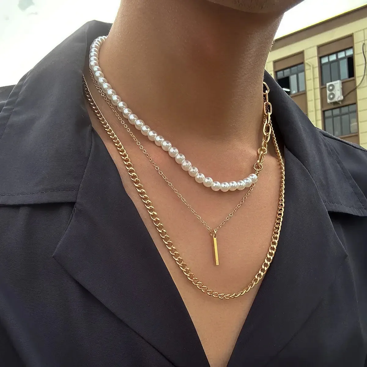 Geometric Necklace for Men Half-Pearl Chain Choker^