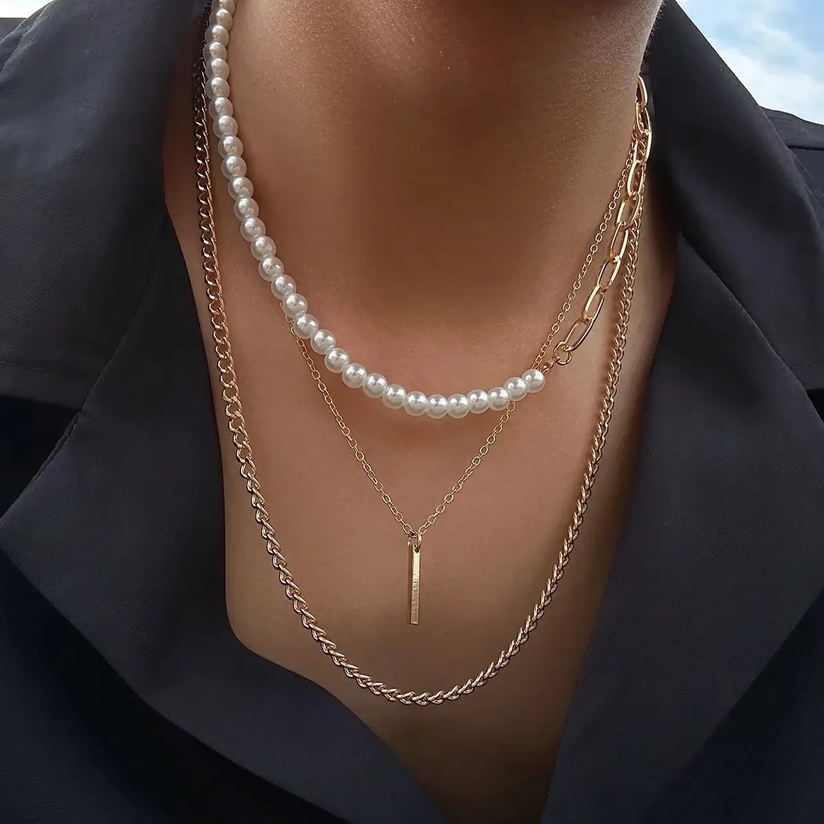 Geometric Necklace for Men Half-Pearl Chain Choker^