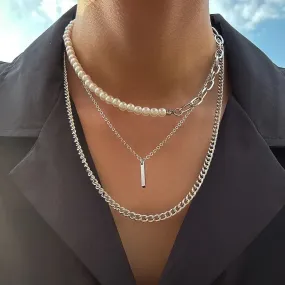 Geometric Necklace for Men Half-Pearl Chain Choker^