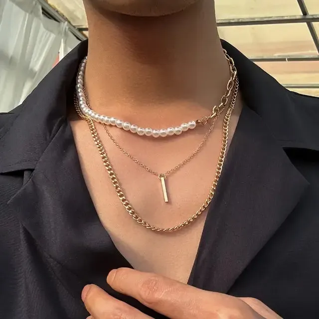 Geometric Necklace for Men Half-Pearl Chain Choker^