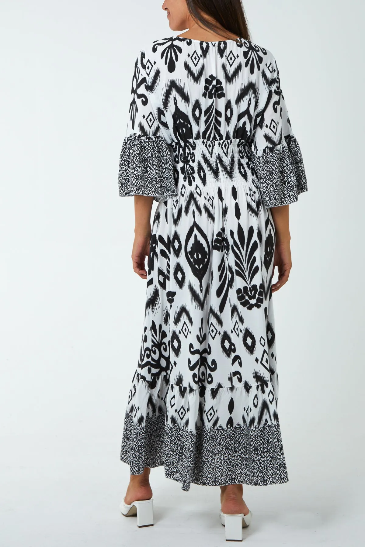 Geometric Print Shirred Bodice Maxi Dres